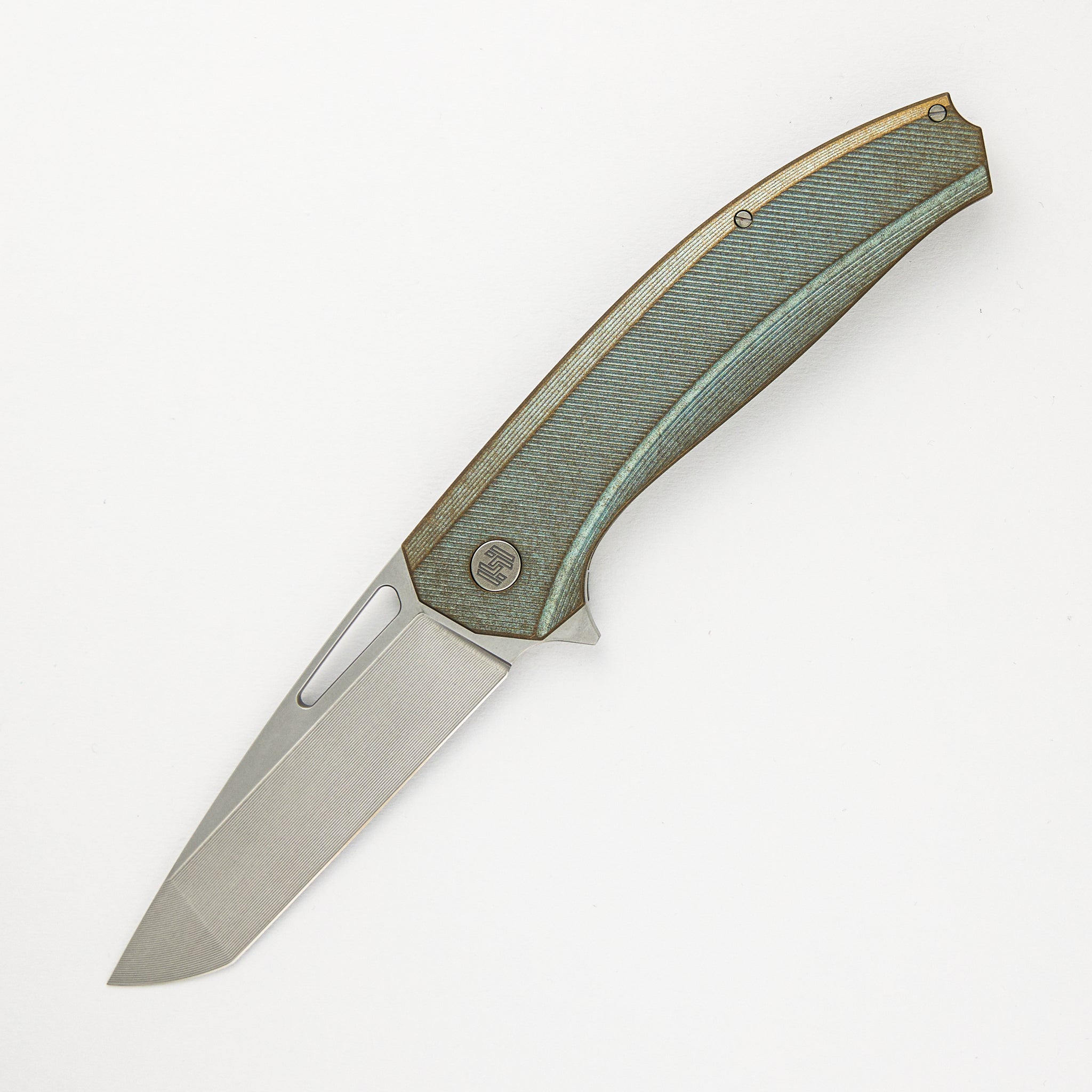 Hog House Knives Veli – Green/Bronze Ano Textured Titanium Handle – RWL-34 Blade – Blasted Titanium Hardware