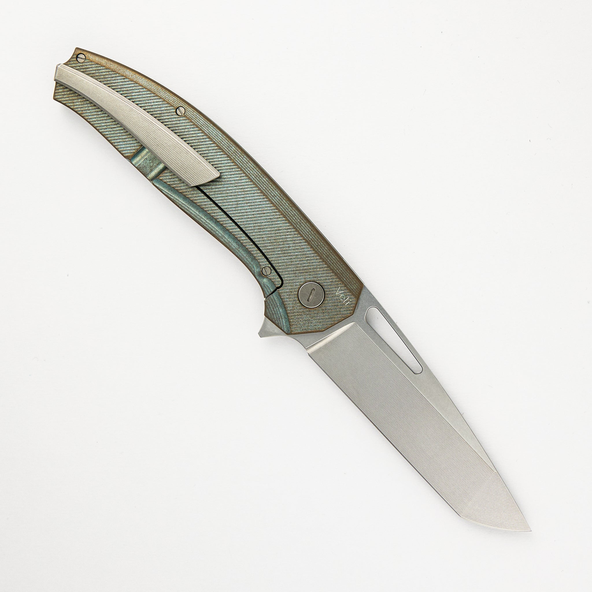 Hog House Knives Veli – Green/Bronze Ano Textured Titanium Handle – RWL-34 Blade – Blasted Titanium Hardware