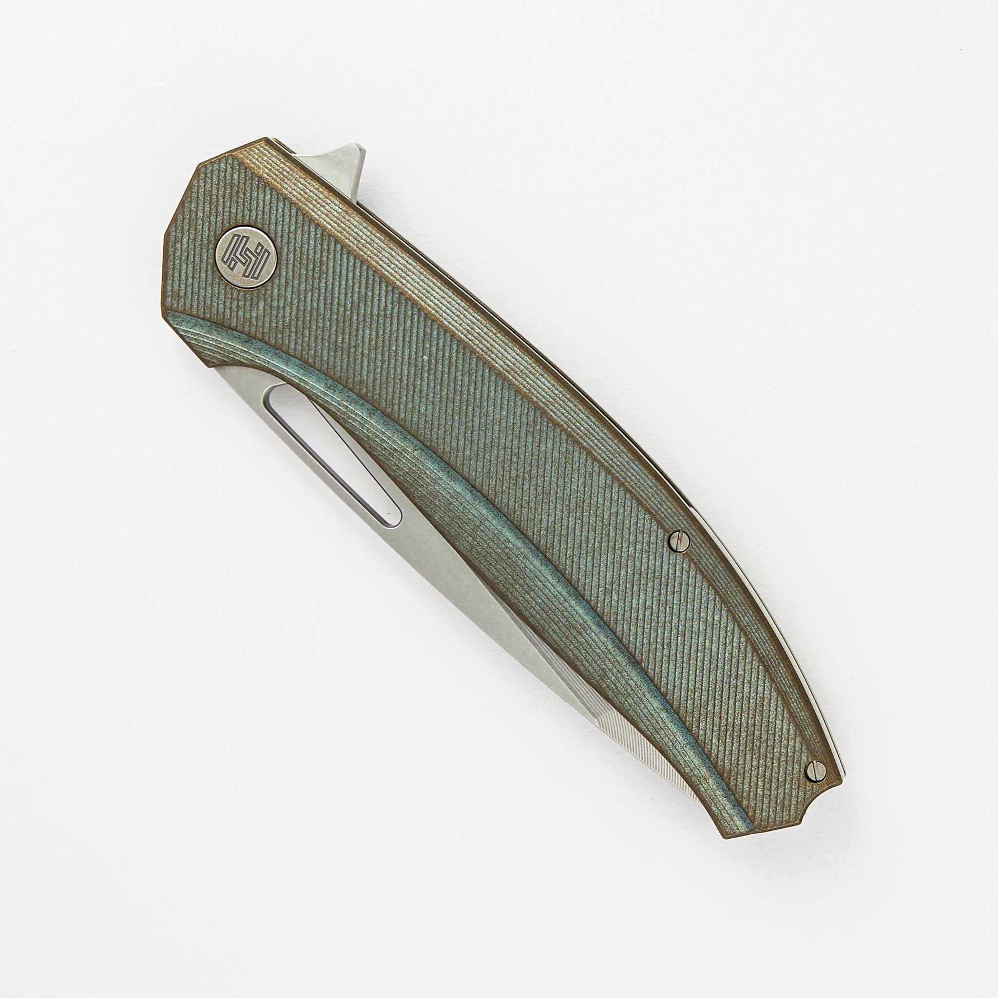 Hog House Knives Veli – Green/Bronze Ano Textured Titanium Handle – RWL-34 Blade – Blasted Titanium Hardware