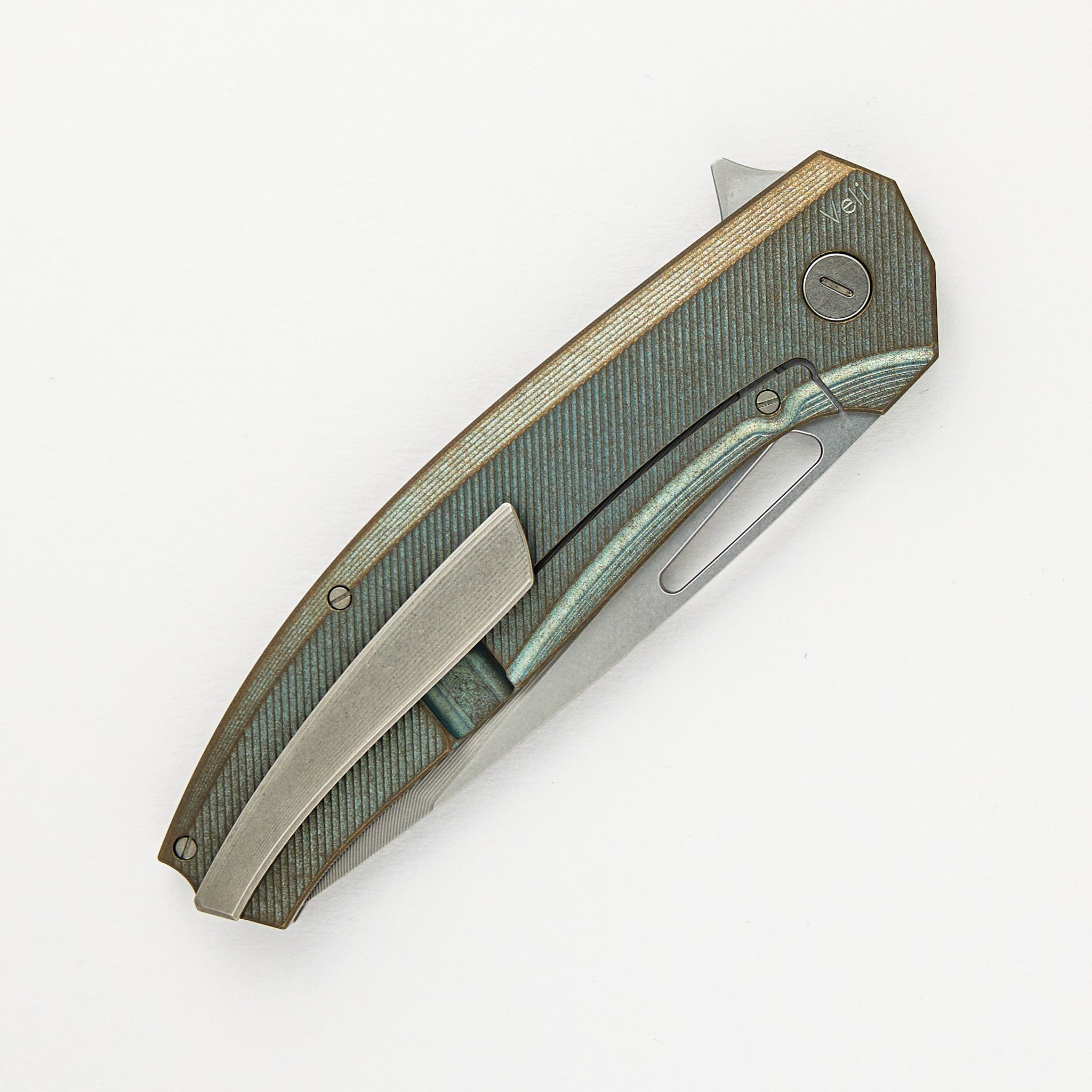 Hog House Knives Veli – Green/Bronze Ano Textured Titanium Handle – RWL-34 Blade – Blasted Titanium Hardware