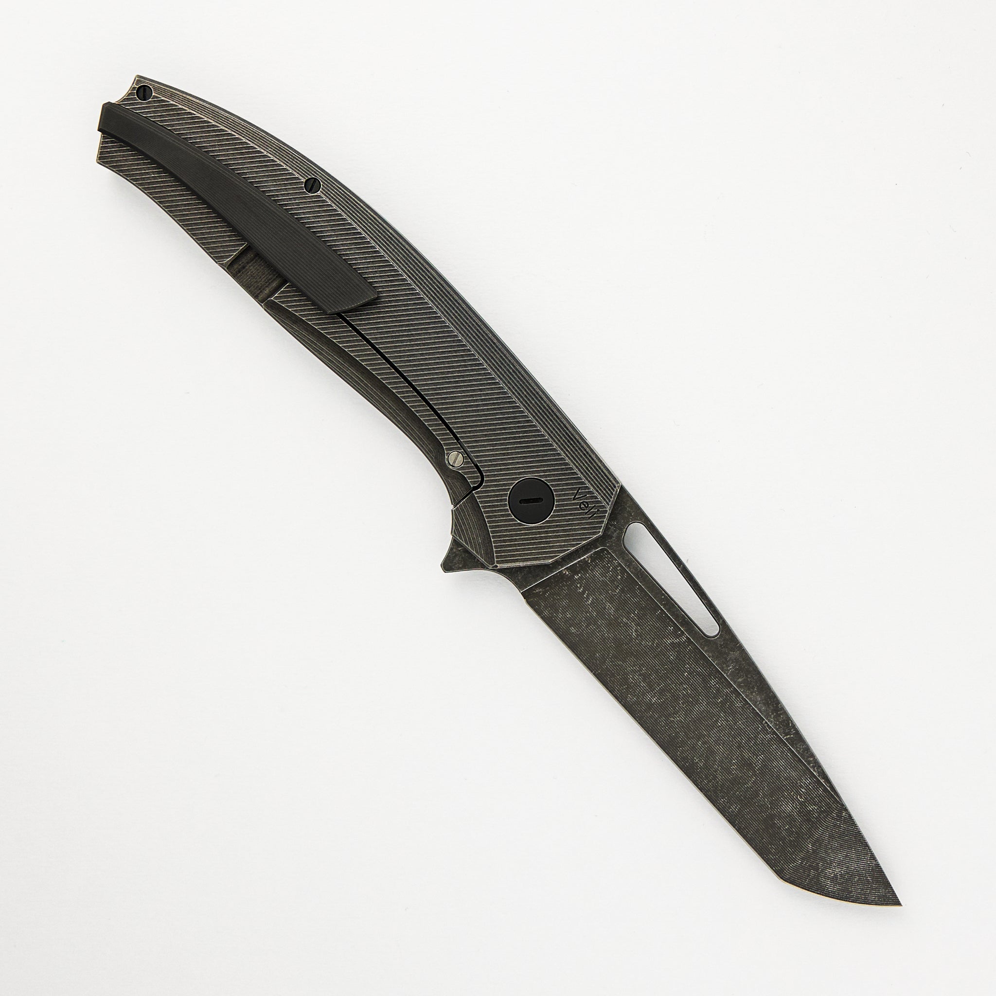Hog House Knives Veli – Dark Stonewashed Textured Titanium Handle – RWL-34 Blade – Black Titanium Hardware