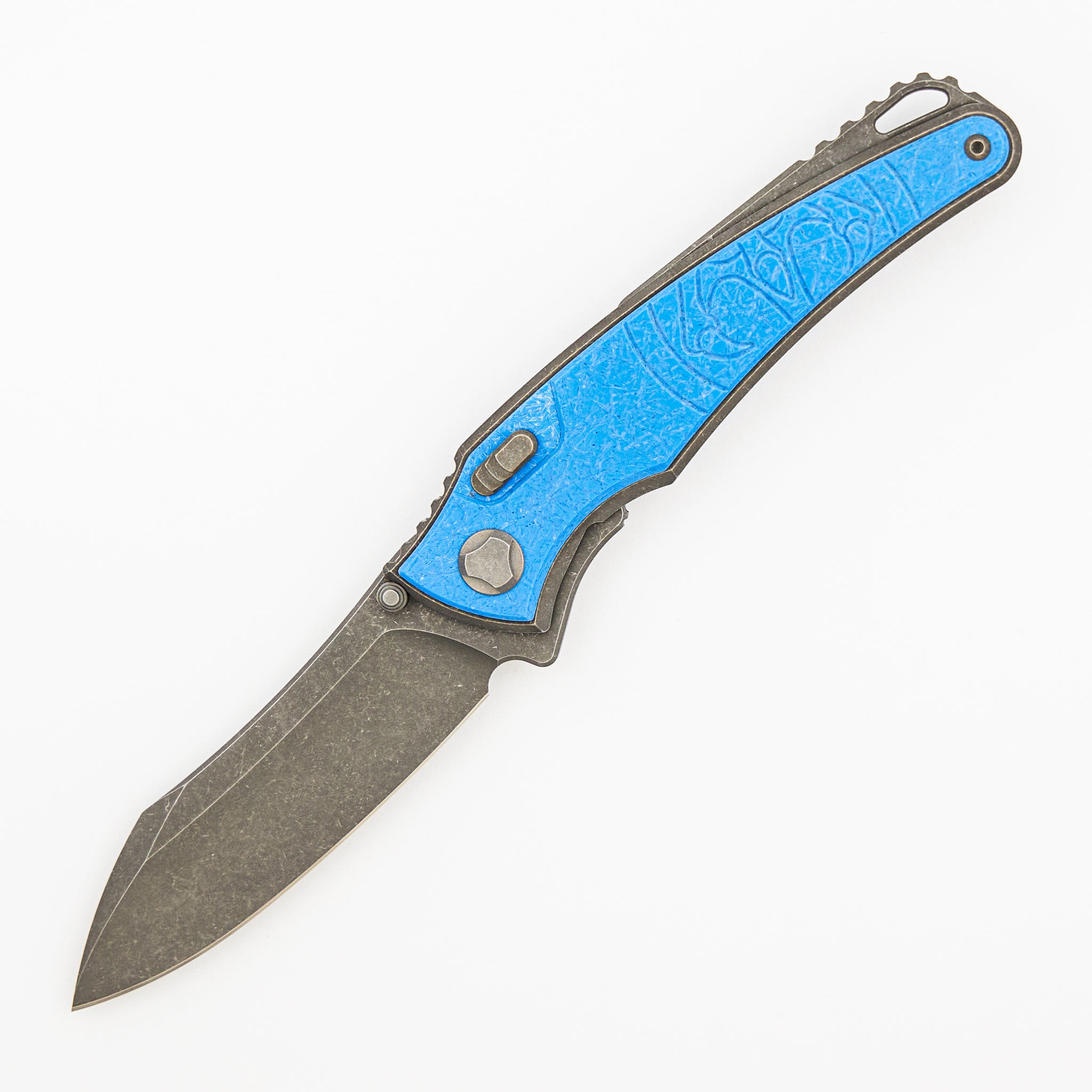 Talon - Tumbled Titanium/Ocean Blue Glass Handle - M390 Blade