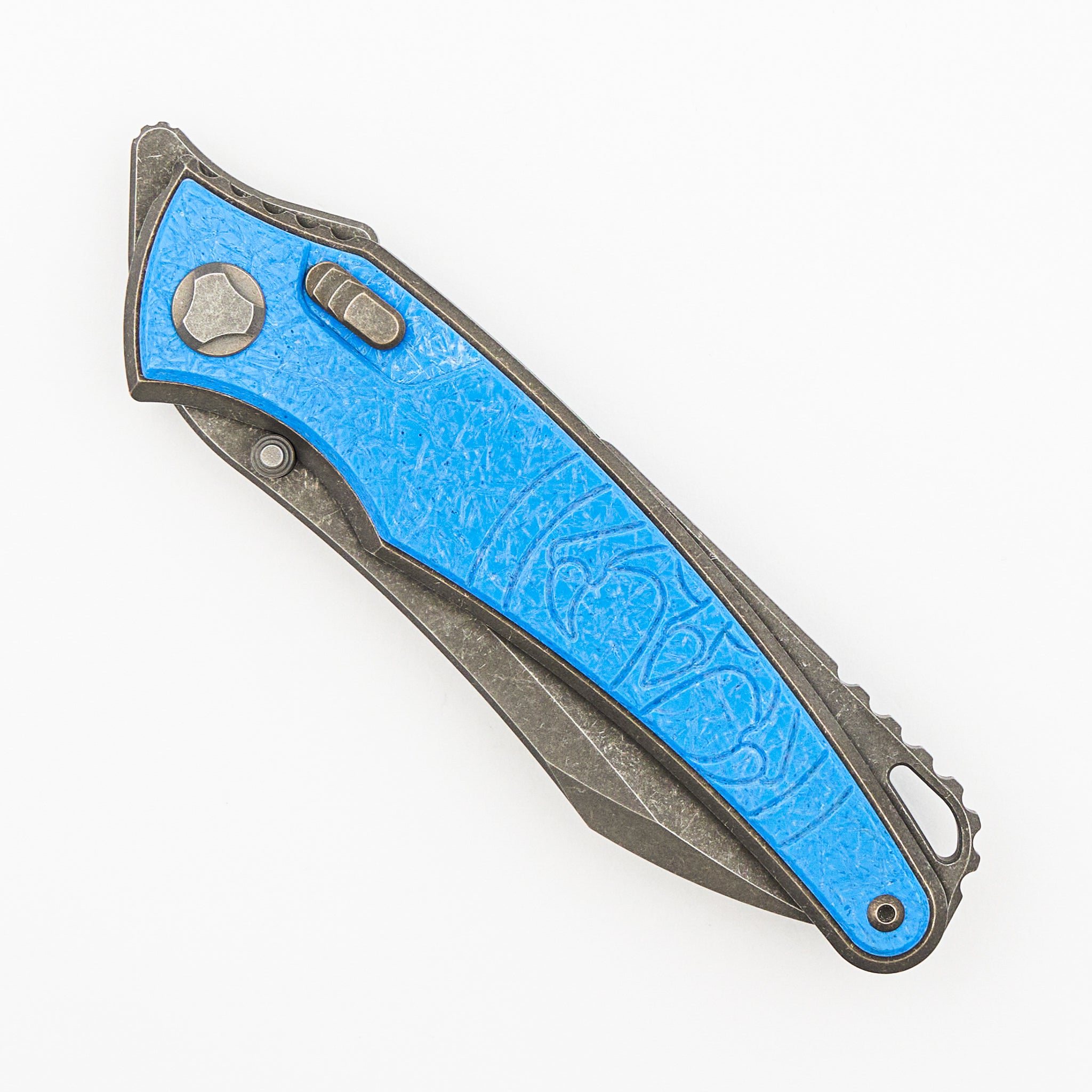 Talon - Tumbled Titanium/Ocean Blue Glass Handle - M390 Blade