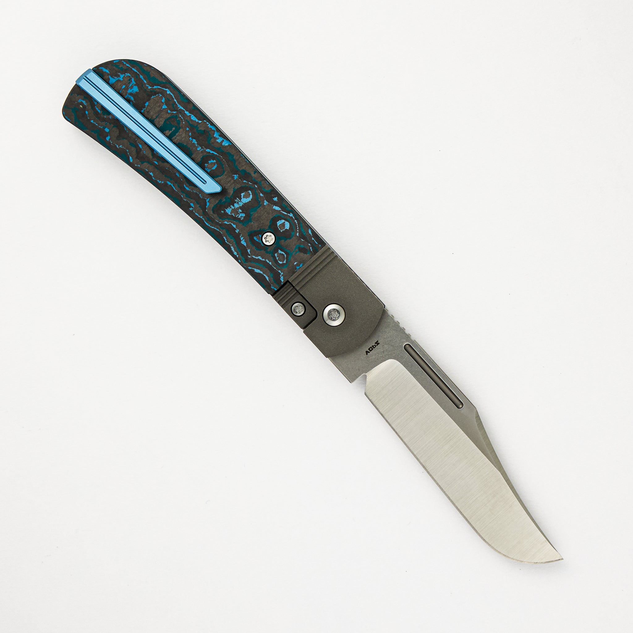 Jack Wolf Knives The Benny - Arctic Storm Fat Carbon Handle - Belt Satin Lannys Clip Blade