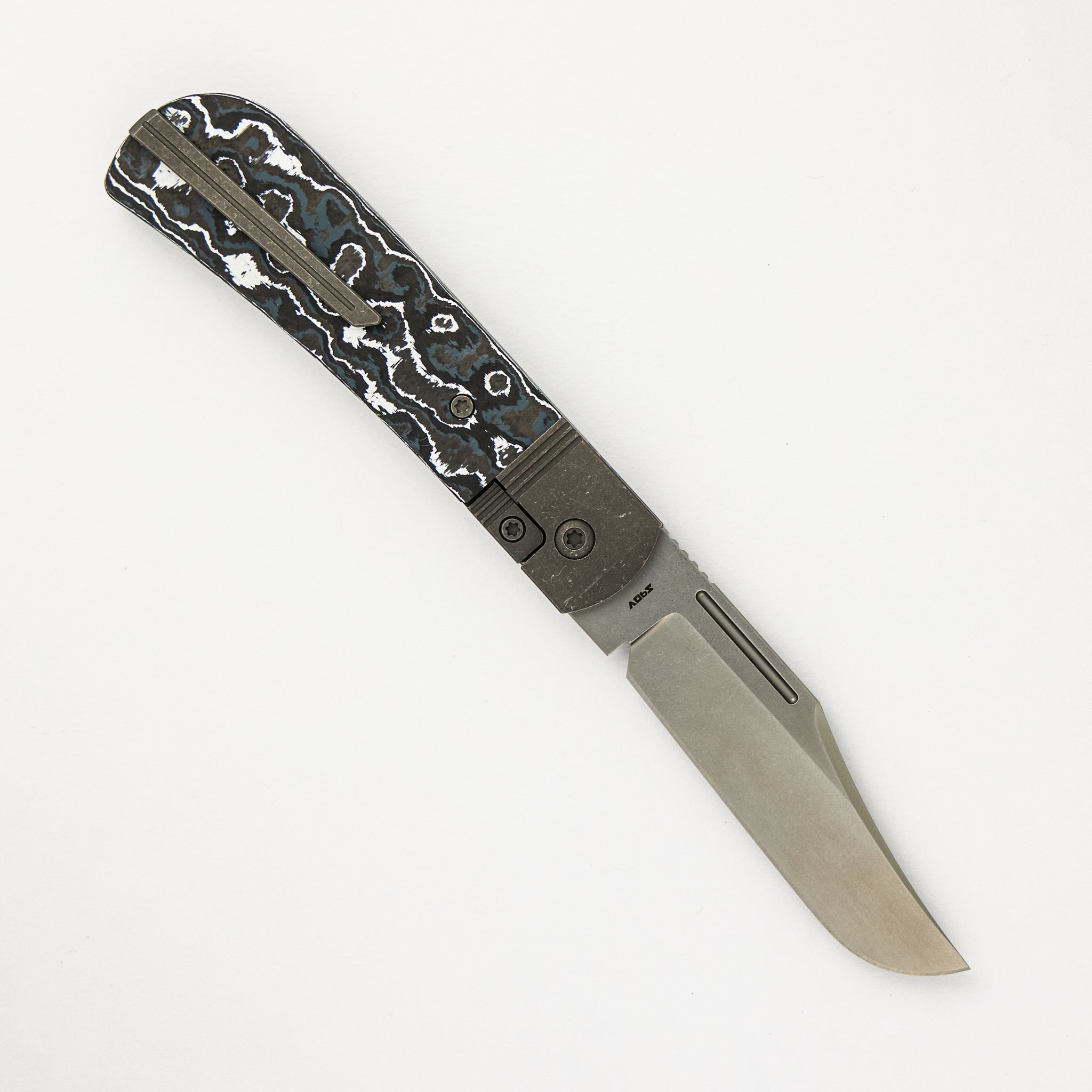 Jack Wolf Knives The Benny - White Storm Fat Carbon Handle - Stonewash Lannys Clip Blade