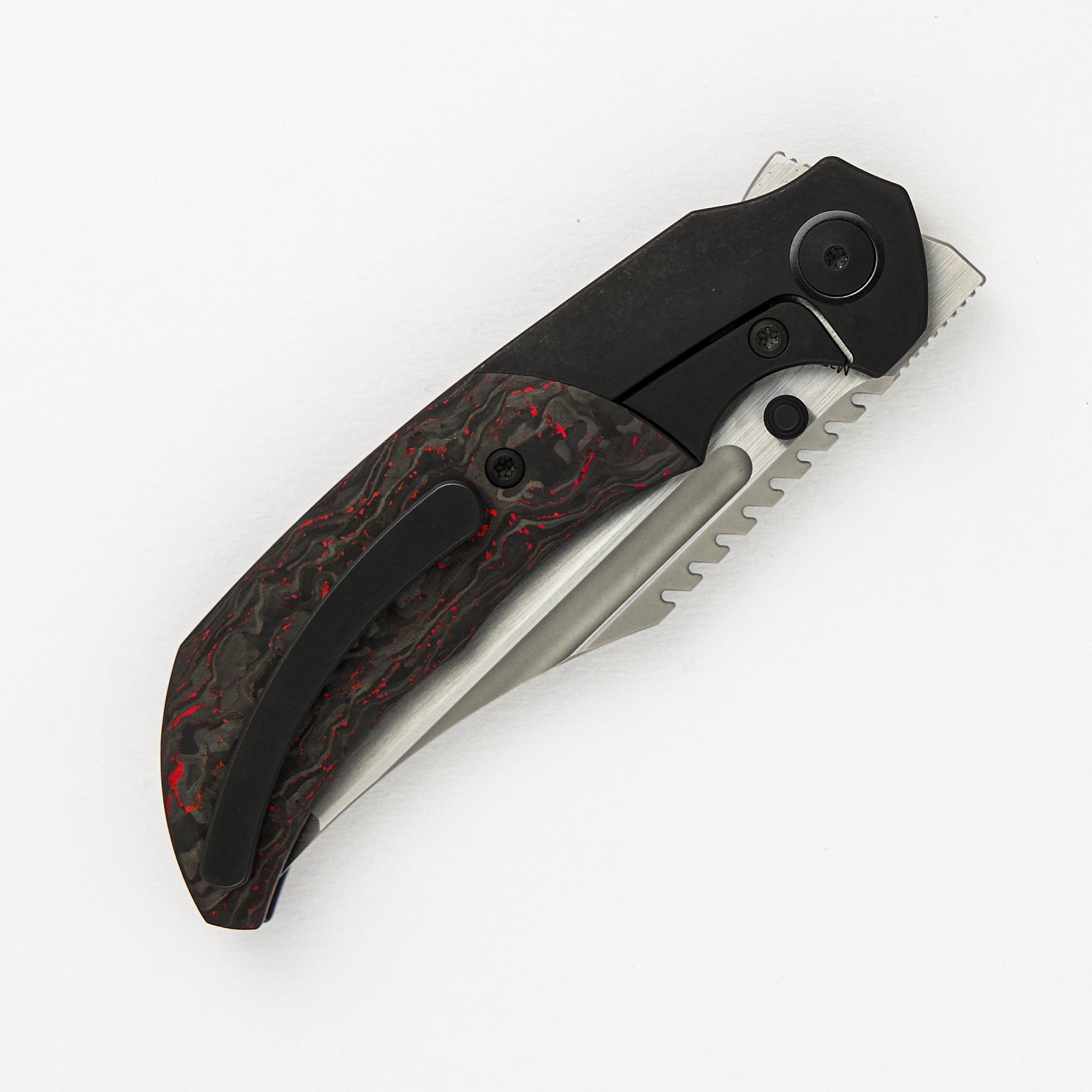 Merriken Knives Mini Ultimatum - Hand Rub MagnaCut Blade Grind No. 2 - Red TechnoCarbo/Black PVD Titanium