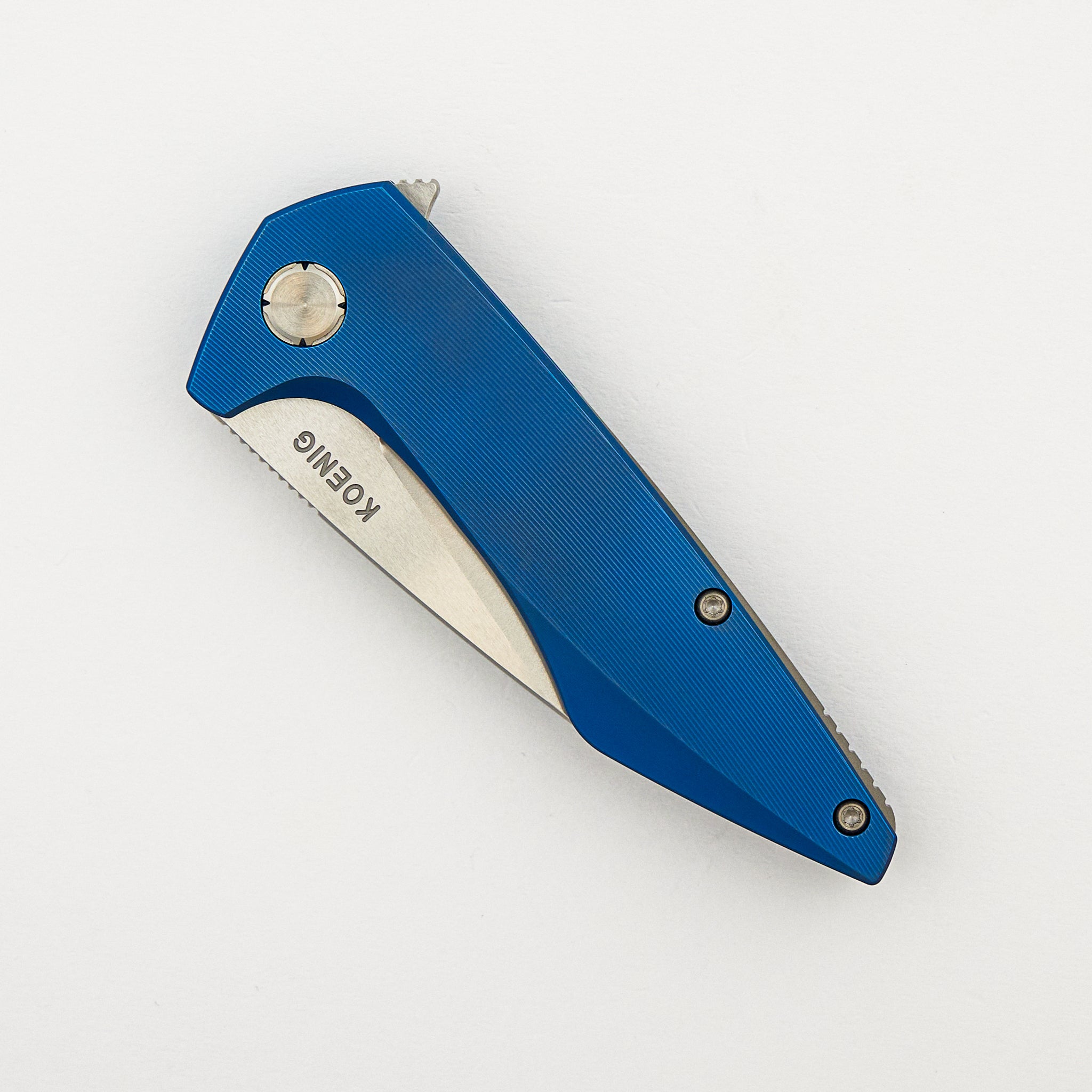 Mini Goblin - Blue Smooth Titanium Handle - Silver Hardware - Brightwashed w/ Polished Flats M390 Blade