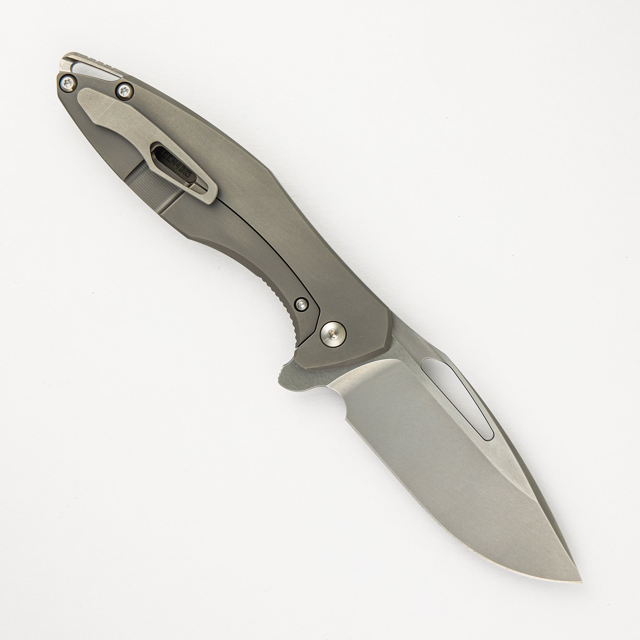 Arius - Smooth Titanium Handle - Silver Hardware - Burnished W/ Polished Flats M390 Blade