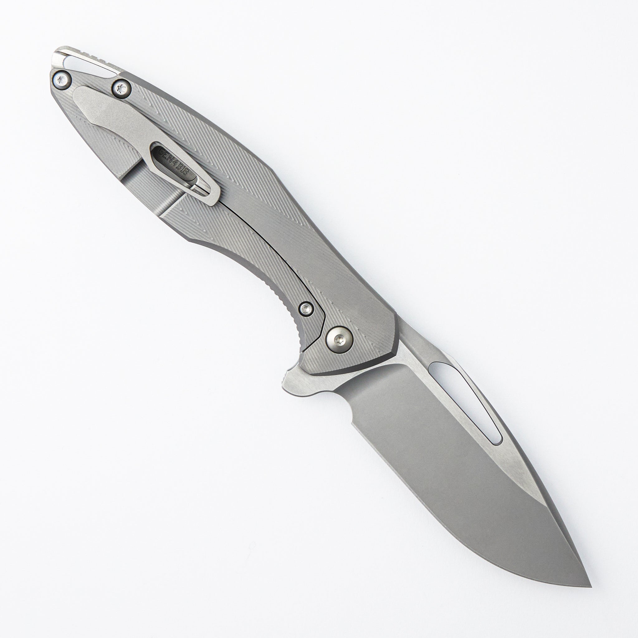 Arius - Patterned Titanium Handle - Silver Hardware - Burnished w/ Polished Flats M390 Blade
