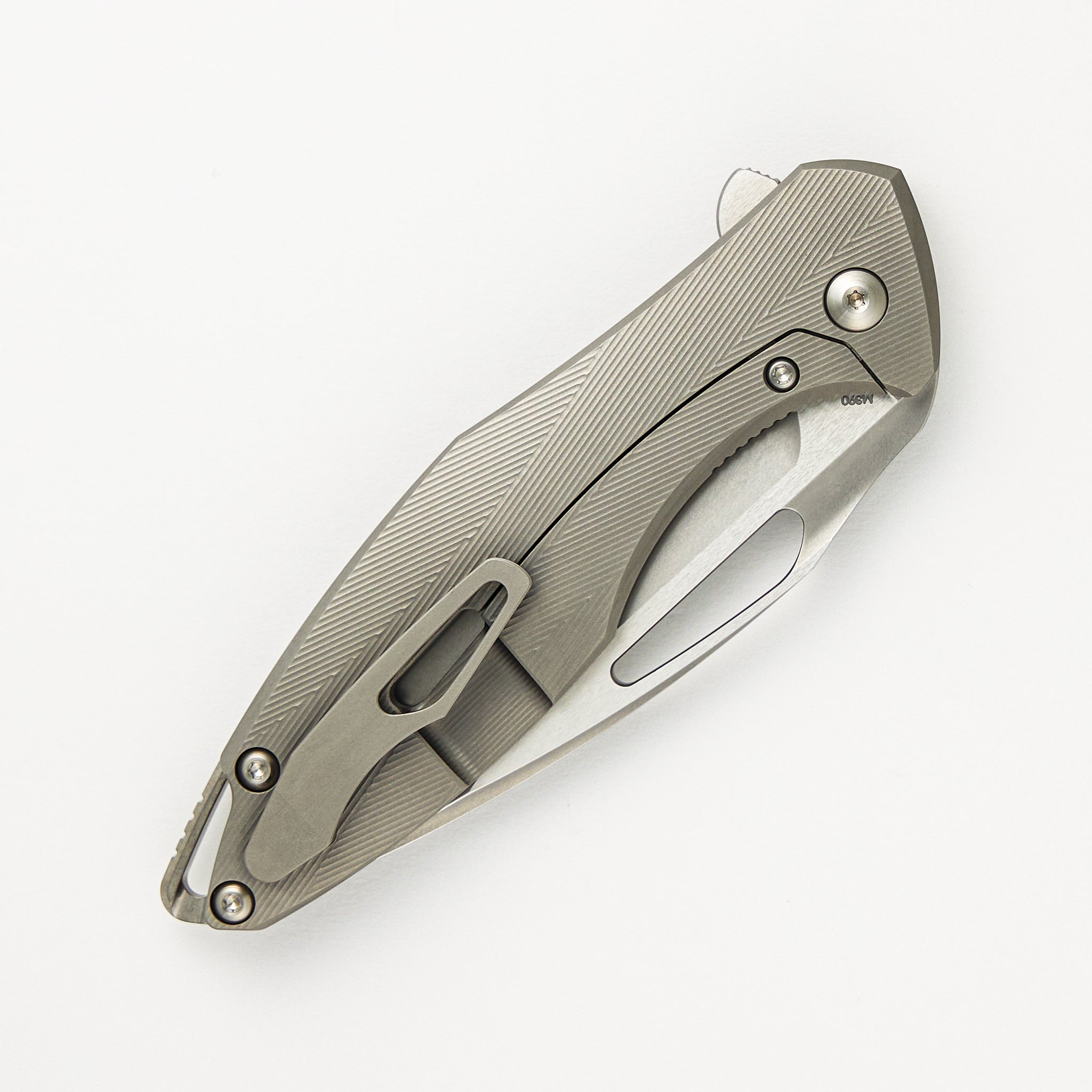 Koenig Knives Arius - Patterned Titanium Handle - Silver Hardware - Burnished W/ Polished Flats M390 Blade