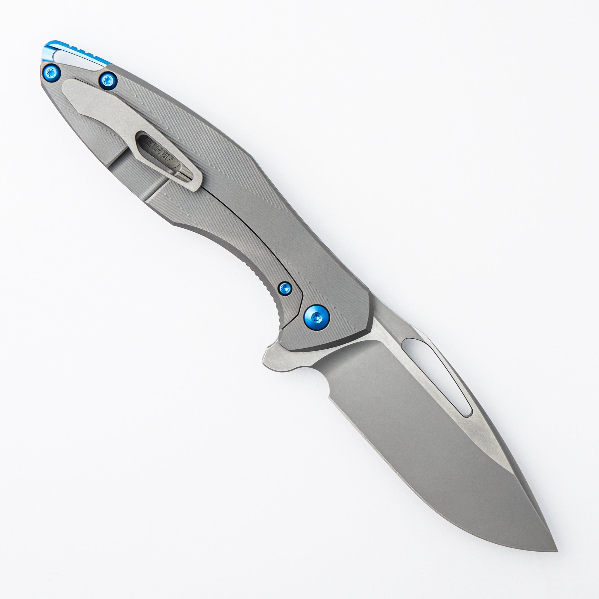 Arius - Patterned Titanium Handle - Blue Hardware - Burnished w/ Polished Flats M390 Blade