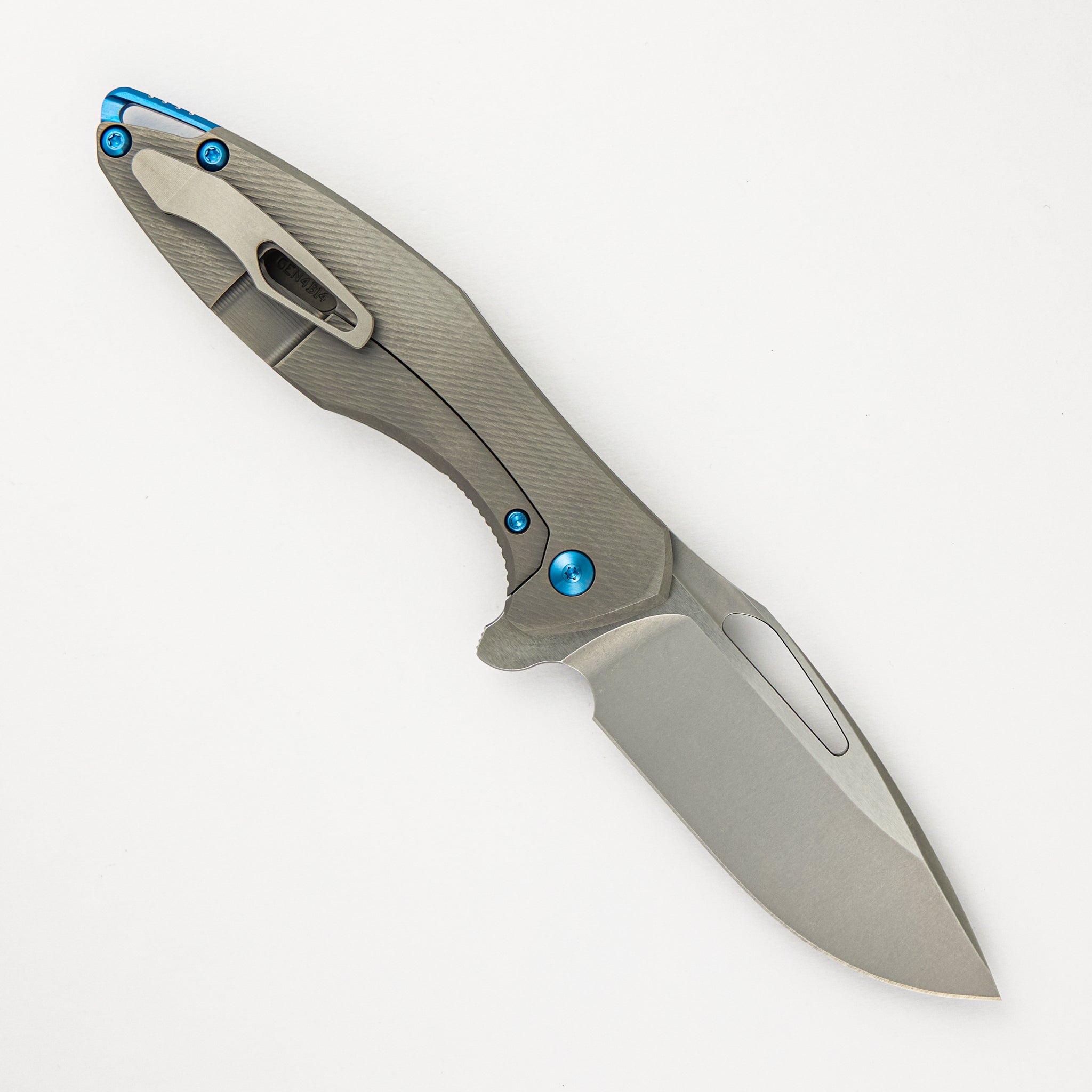 Koenig Knives Arius - Corda Titanium Handle - Blue Hardware - Burnished W/ Polished Flats M390 Blade