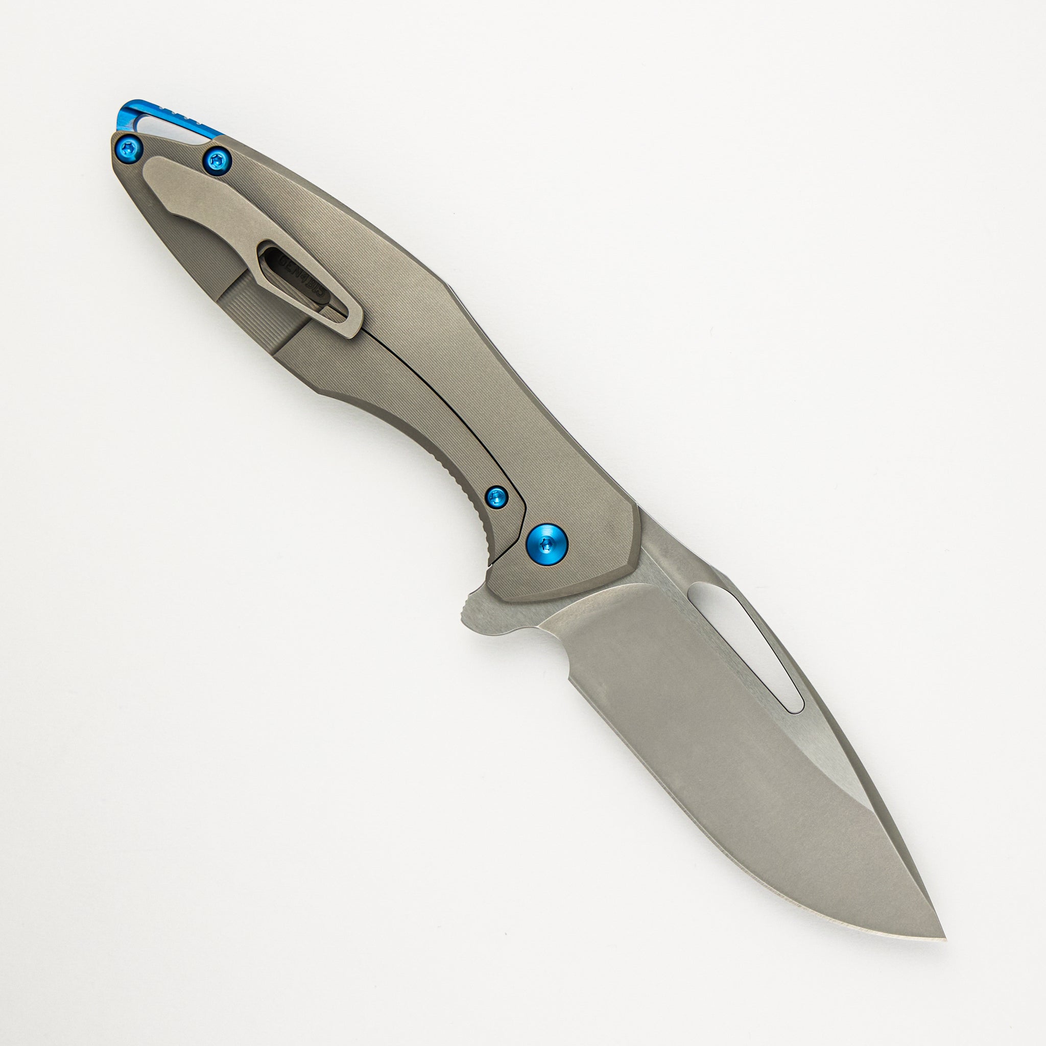 Koenig Knives Arius - Pinstripe Titanium Handle - Blue Hardware - Burnished W/ Polished Flats M390 Blade