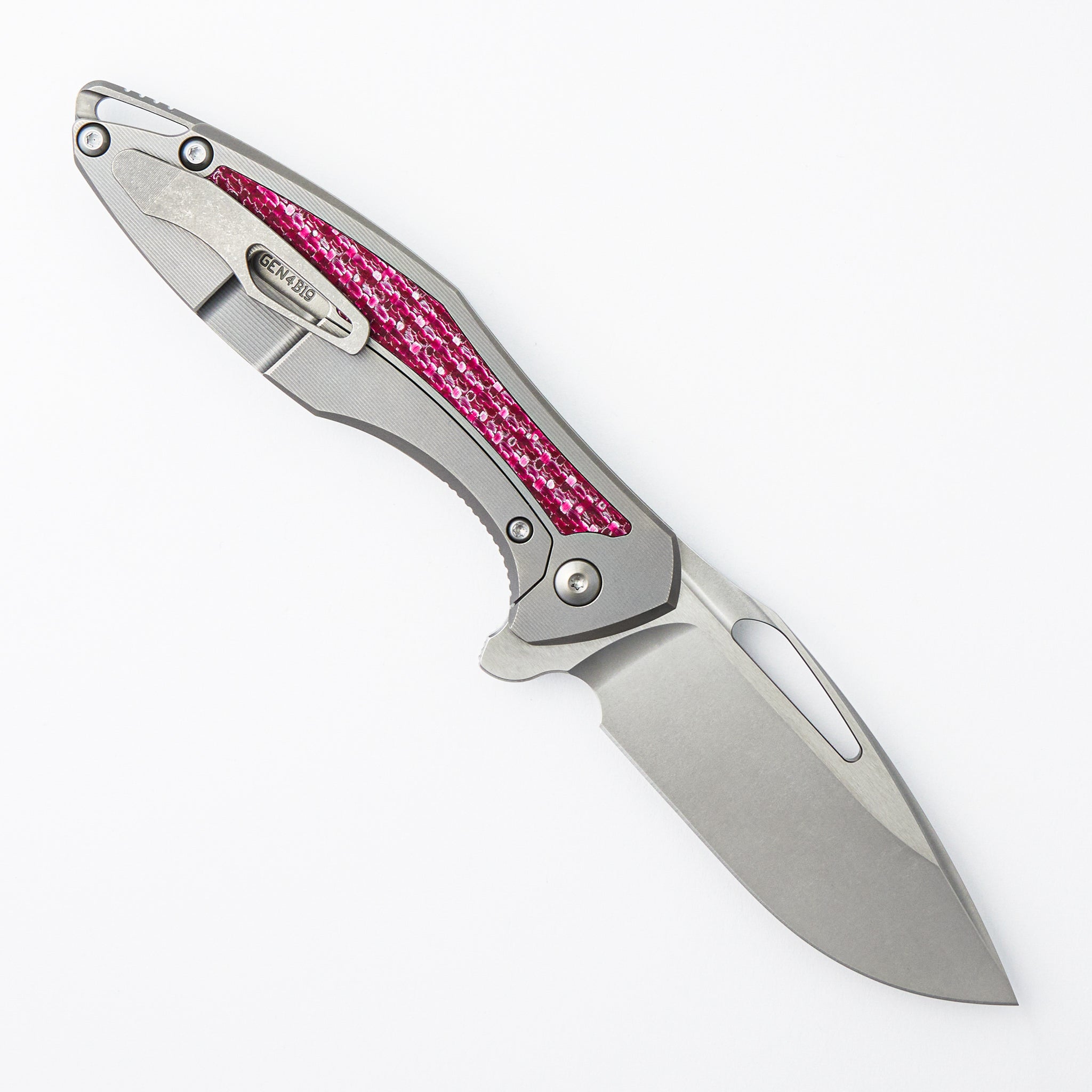 Arius - Smooth Titanium Handle W/ Cherry Twill Inlay - Silver Hardware - Brightwashed w/ Polished Flats M390 Blade