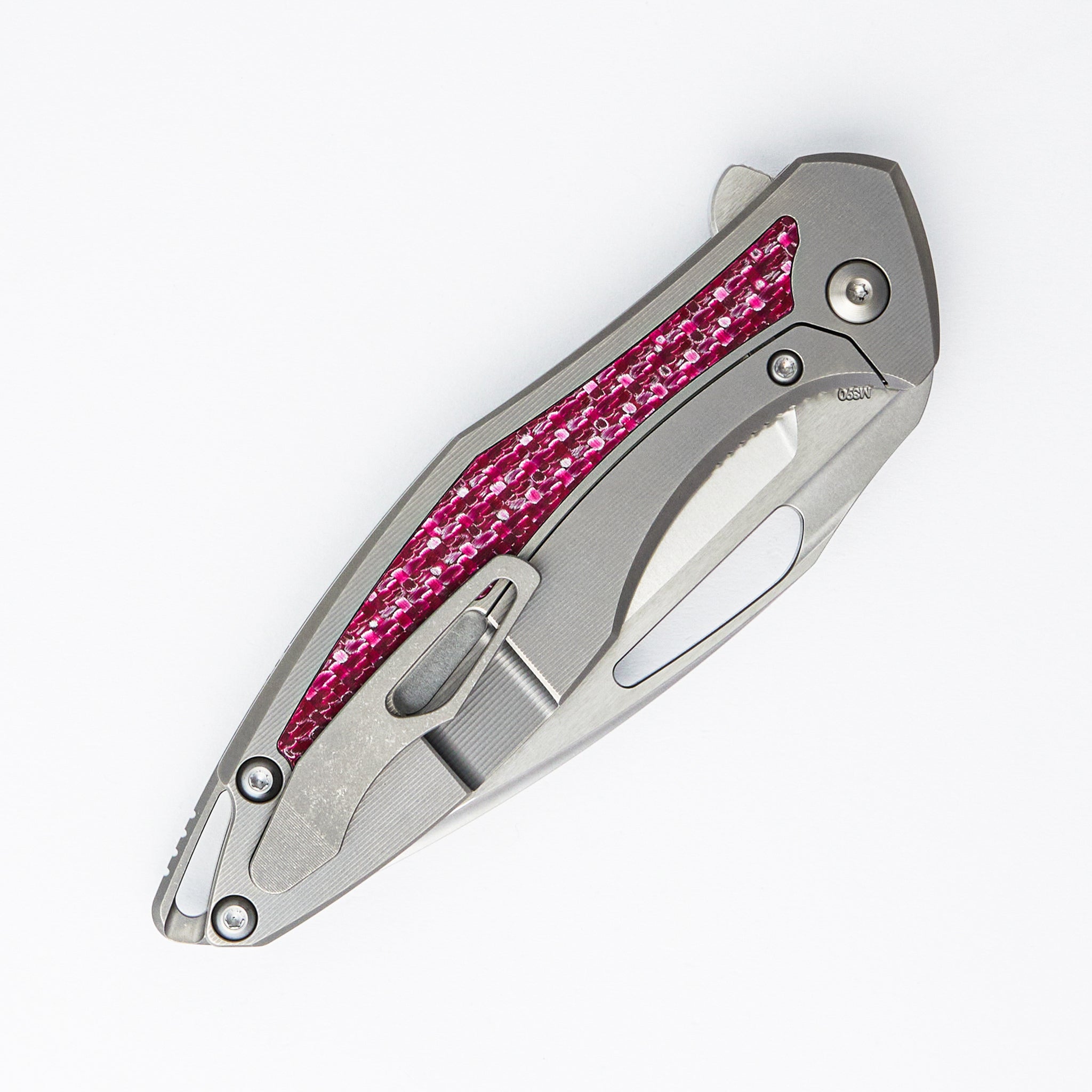 Arius - Smooth Titanium Handle W/ Cherry Twill Inlay - Silver Hardware - Brightwashed w/ Polished Flats M390 Blade