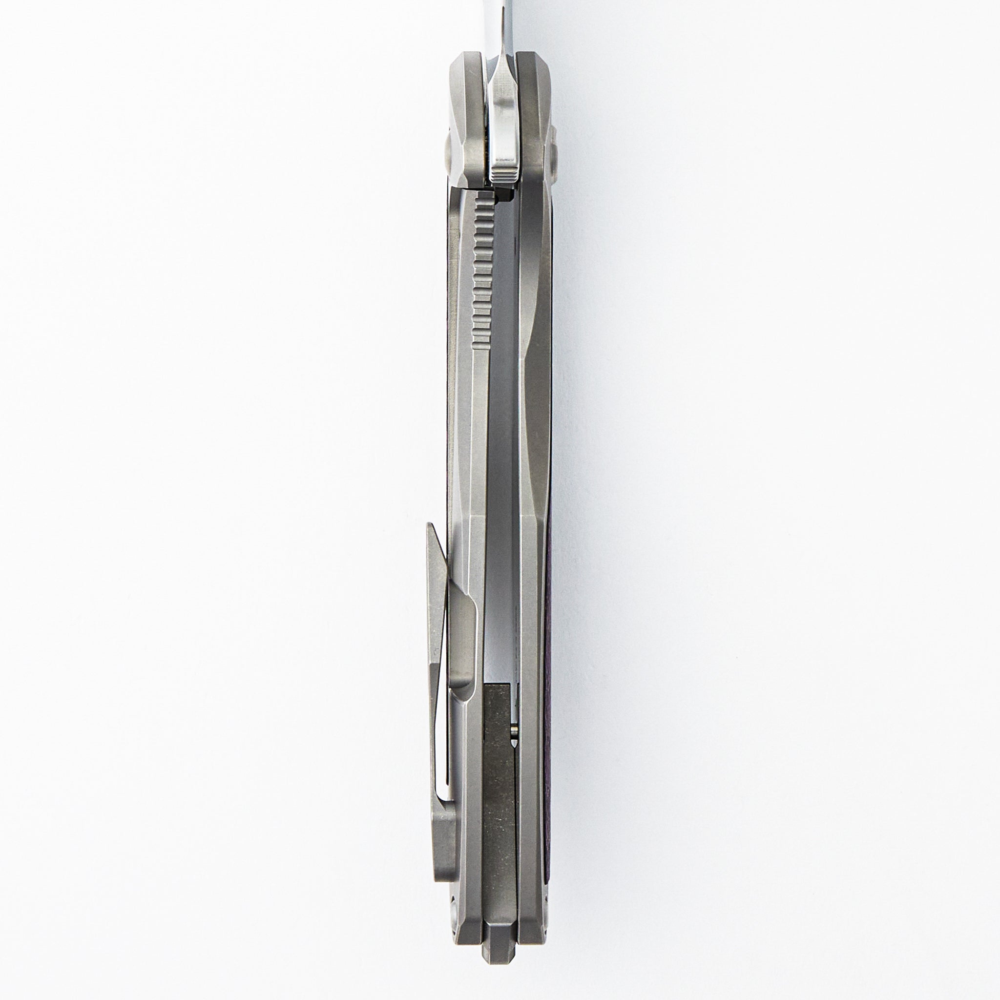 Arius - Smooth Titanium Handle W/ Purple Twill Inlay - Silver Hardware - Brightwashed w/ Polished Flats M390 Blade