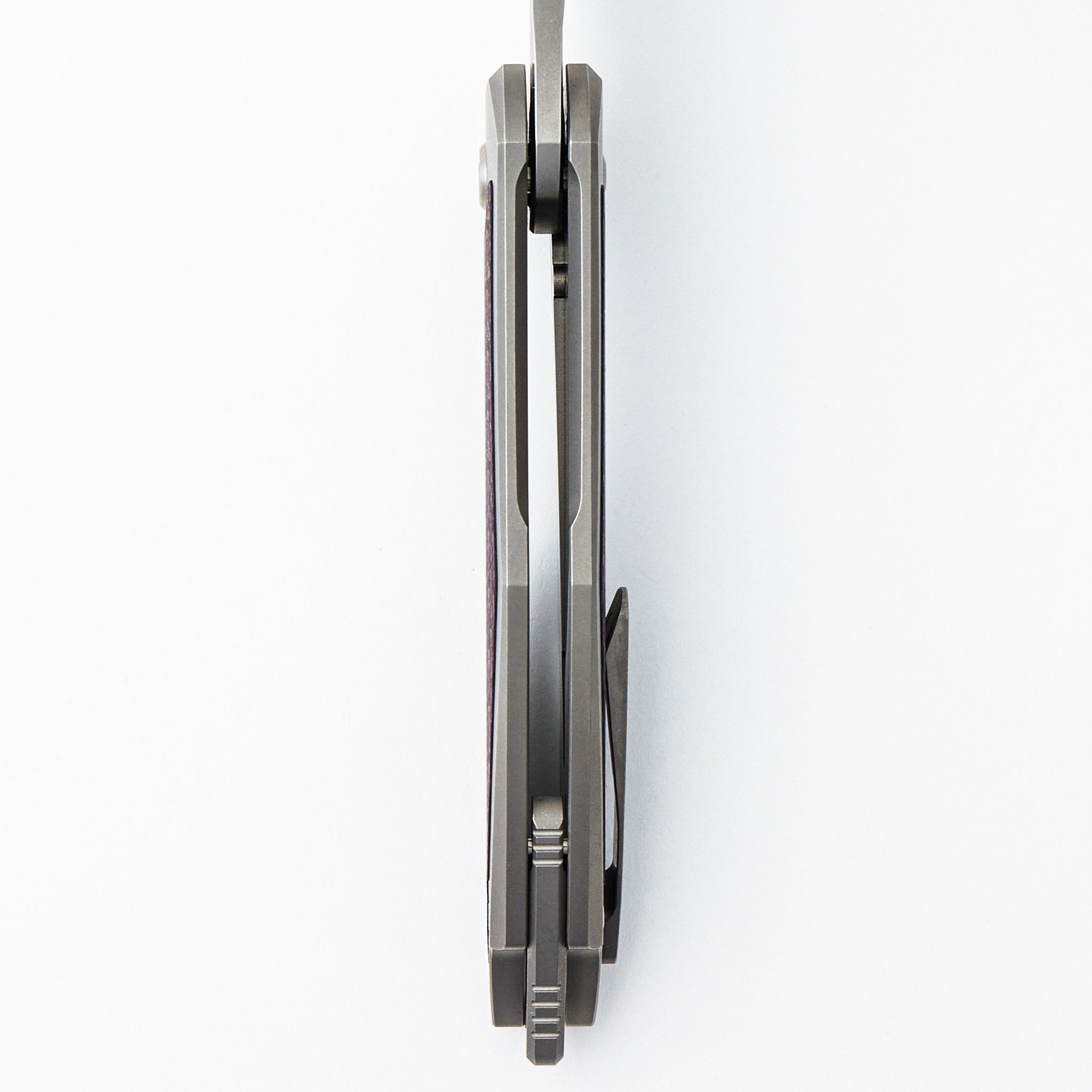 Arius - Smooth Titanium Handle W/ Purple Twill Inlay - Silver Hardware - Brightwashed w/ Polished Flats M390 Blade