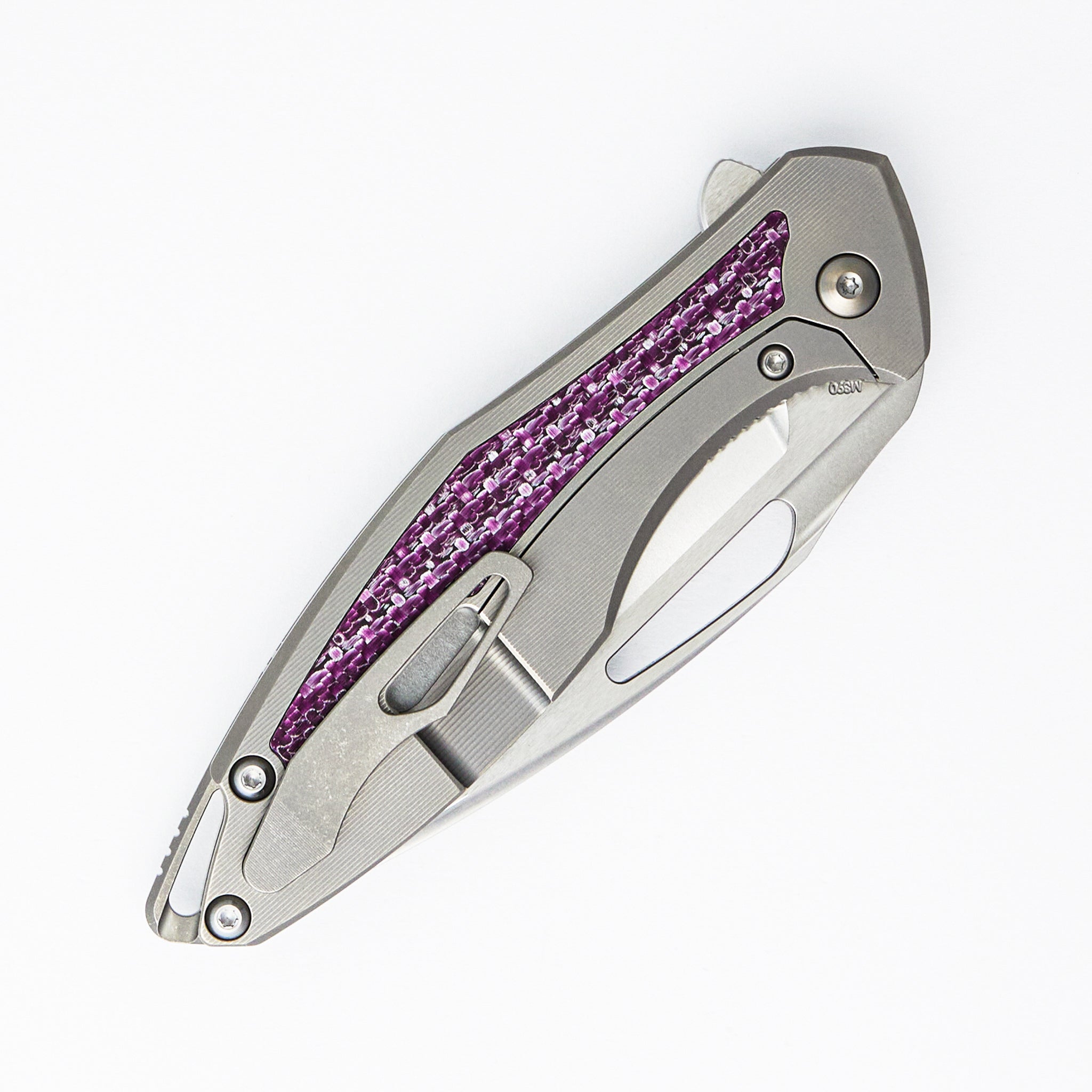 Arius - Smooth Titanium Handle W/ Purple Twill Inlay - Silver Hardware - Brightwashed w/ Polished Flats M390 Blade