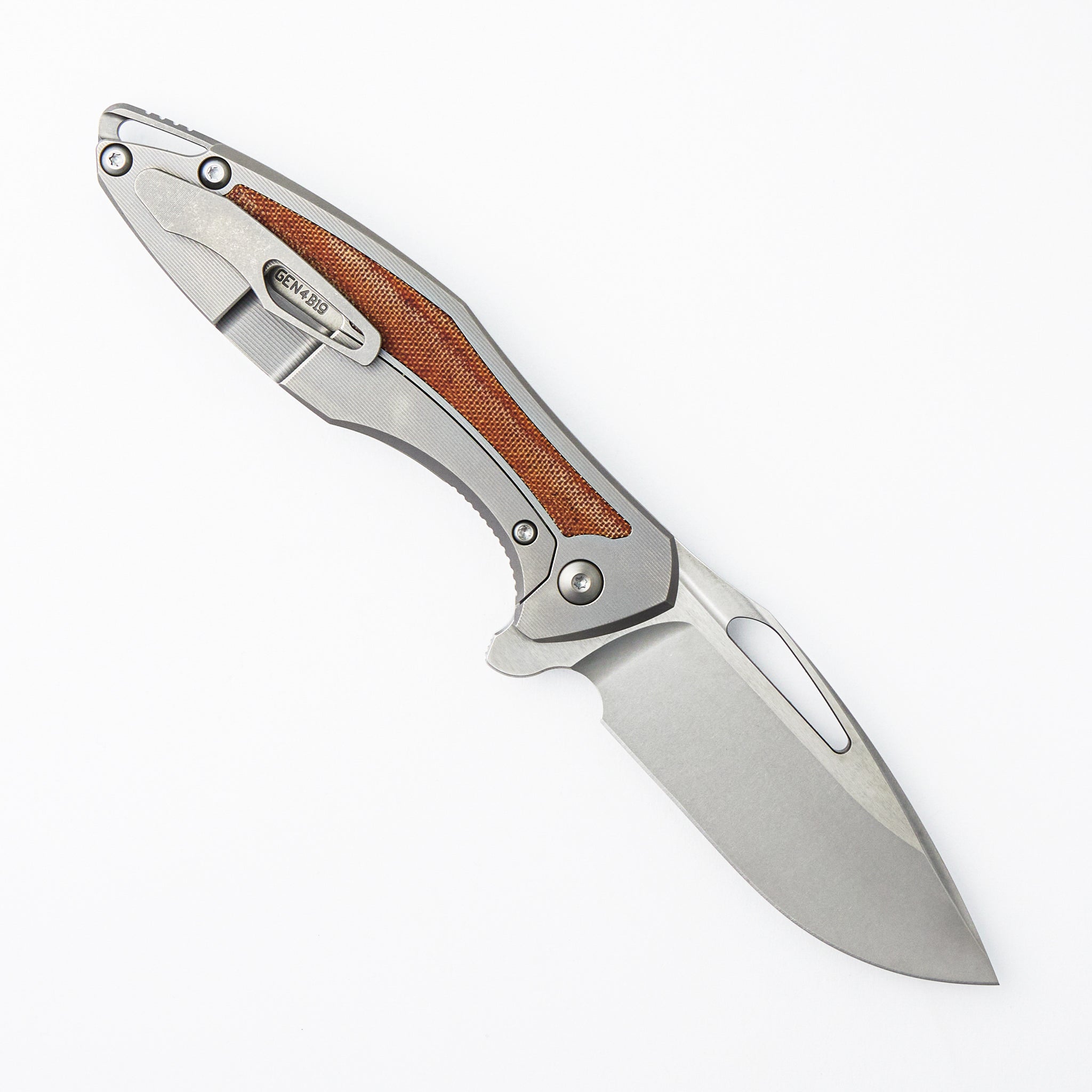 Arius - Smooth Titanium Handle W/ Tan Micarta Inlay - Silver Hardware - Burnished w/ Polished Flats M390 Blade
