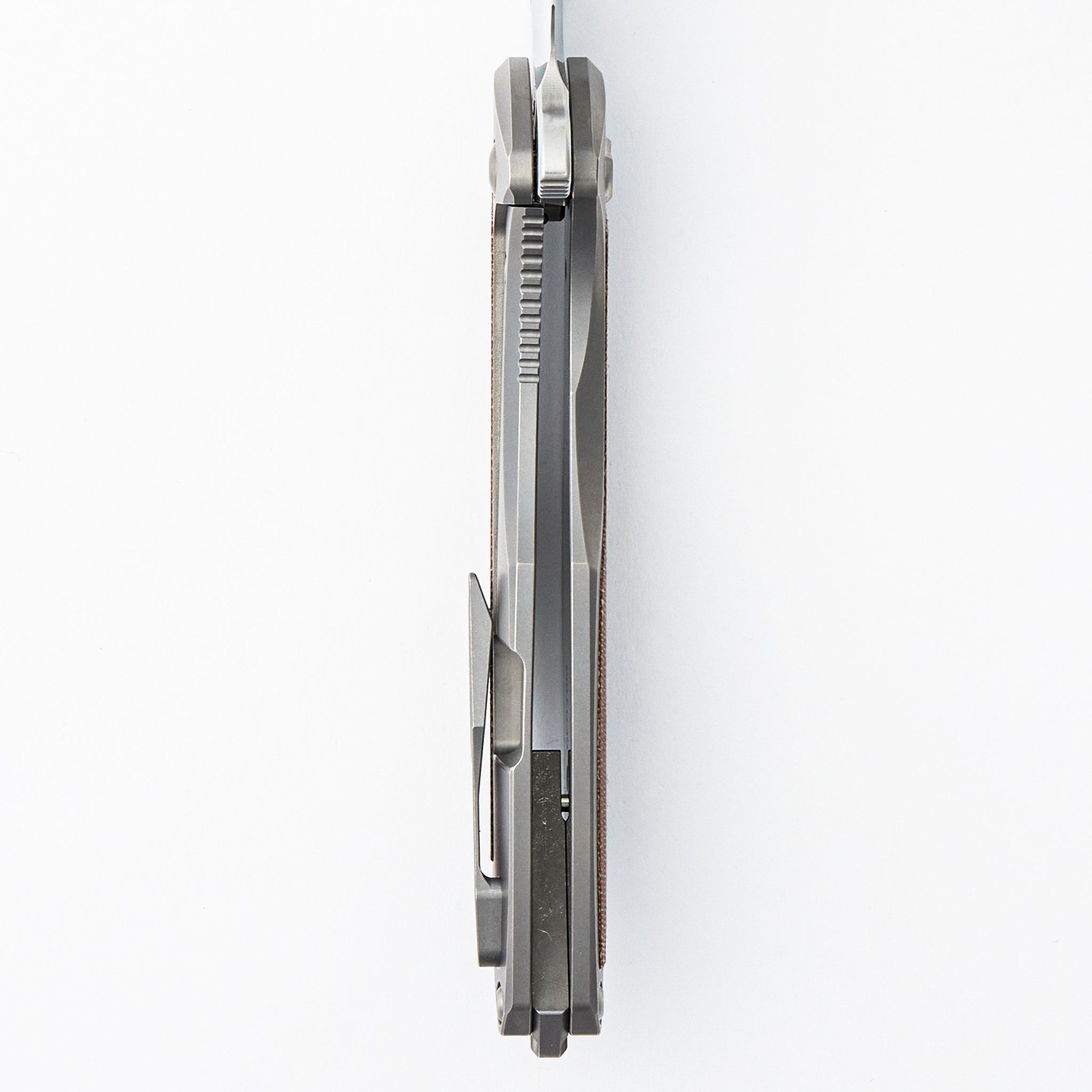 Arius - Smooth Titanium Handle W/ Tan Micarta Inlay - Silver Hardware - Burnished w/ Polished Flats M390 Blade