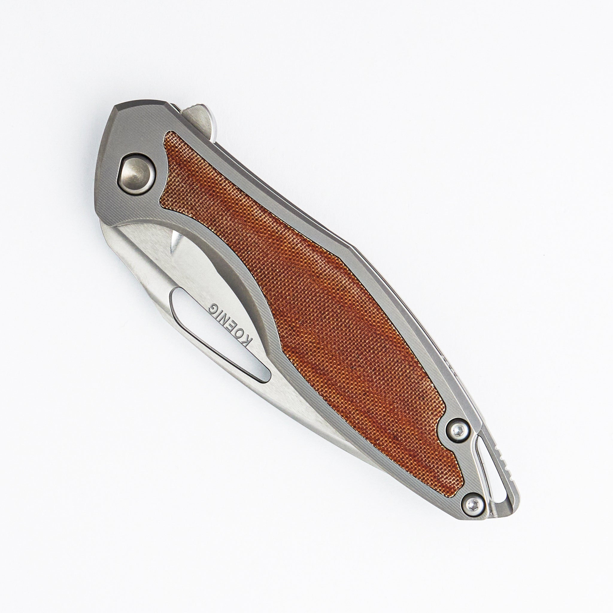 Arius - Smooth Titanium Handle W/ Tan Micarta Inlay - Silver Hardware - Burnished w/ Polished Flats M390 Blade