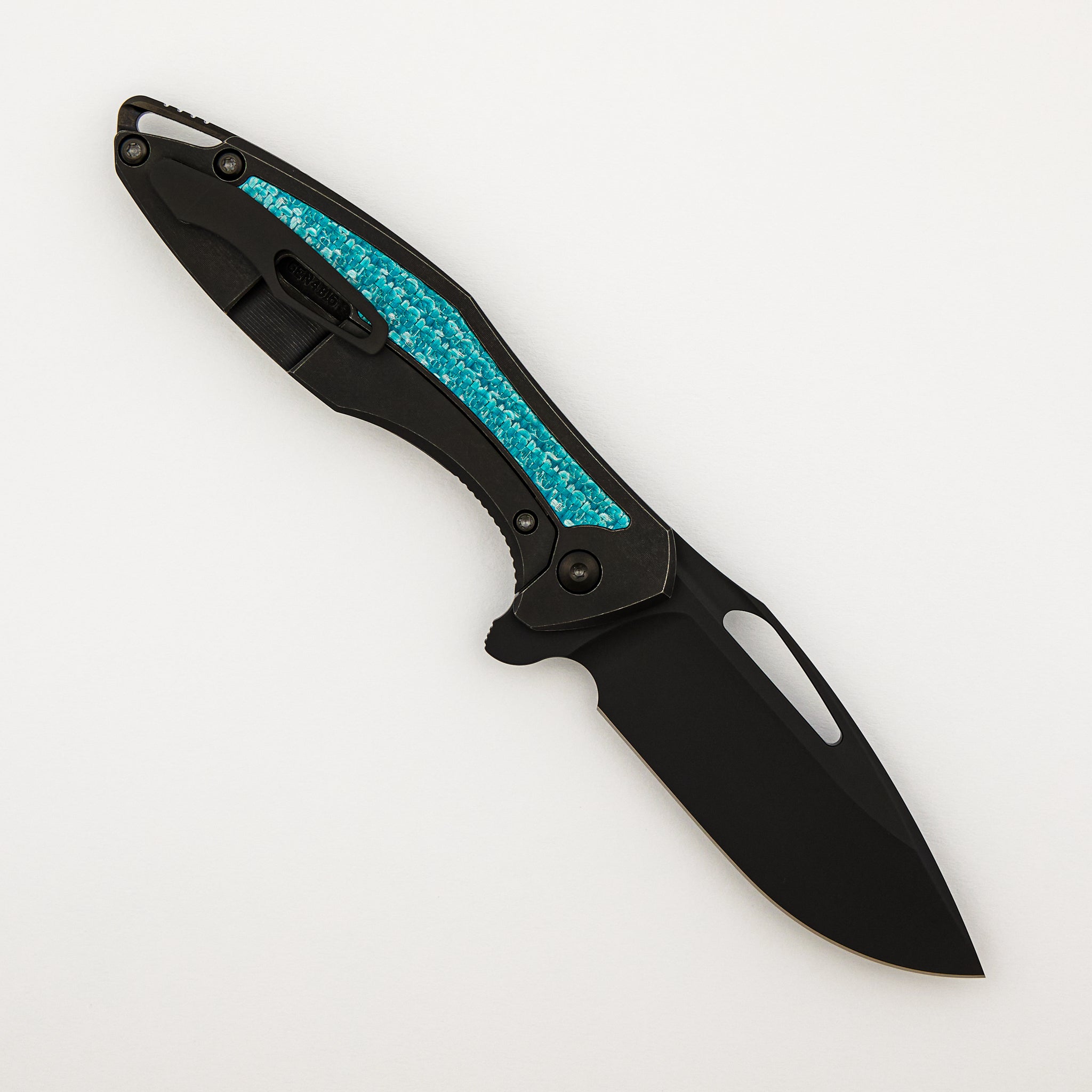 Arius - Smooth Black Titanium Handle - Aqua Teal Twill Inlay - Black Hardware - Matte DLC M390 Blade