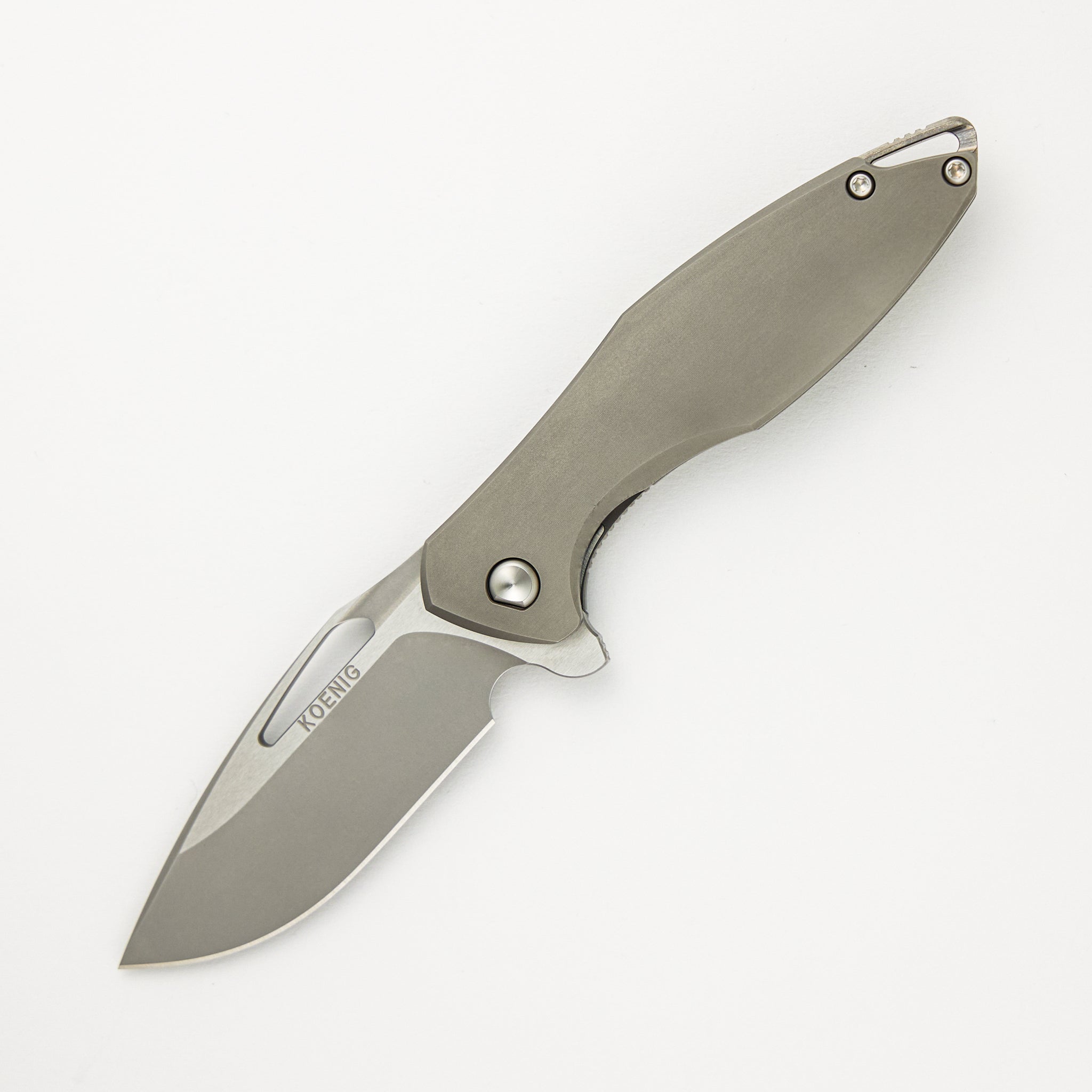 Koenig Mini Arius - Smooth Titanium Handle - Silver Hardware -  Burnished W/ Polished Flats M390 Blade