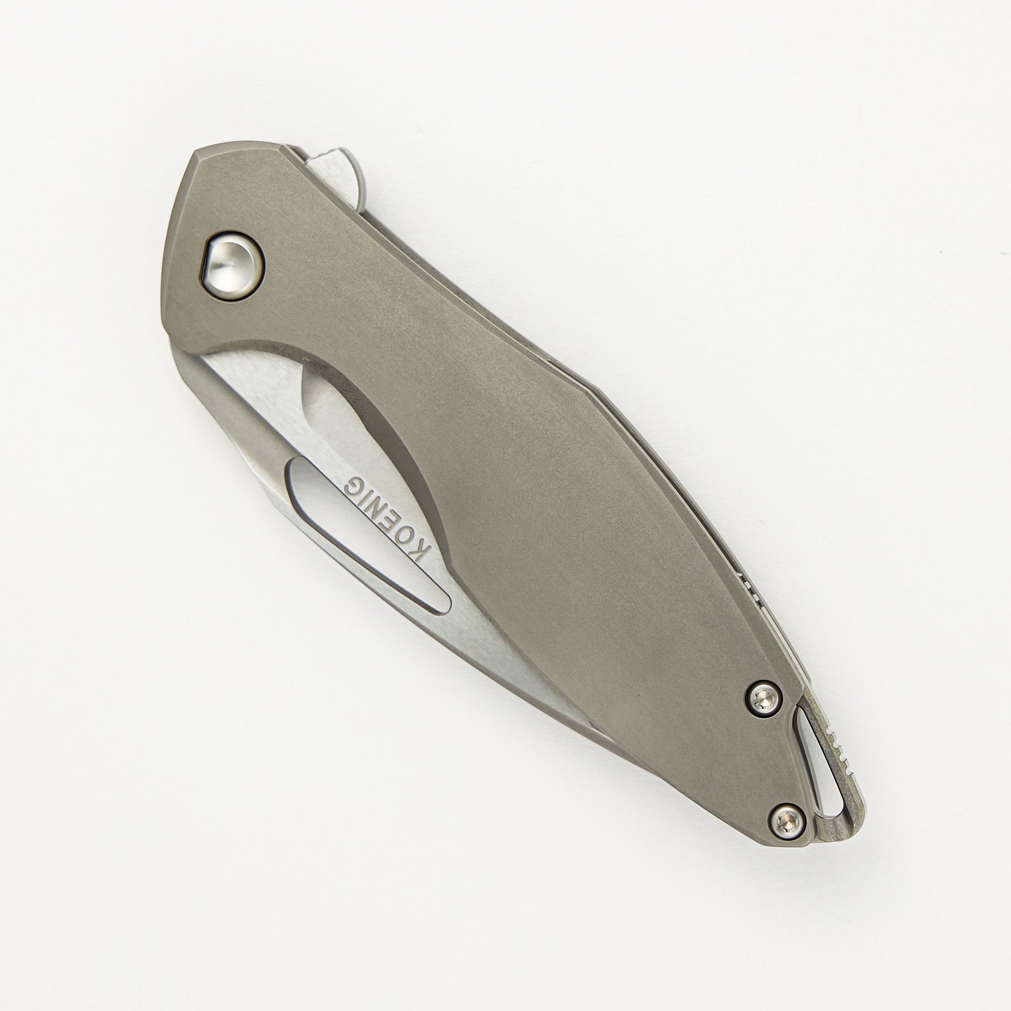 Koenig Mini Arius - Smooth Titanium Handle - Silver Hardware -  Burnished W/ Polished Flats M390 Blade