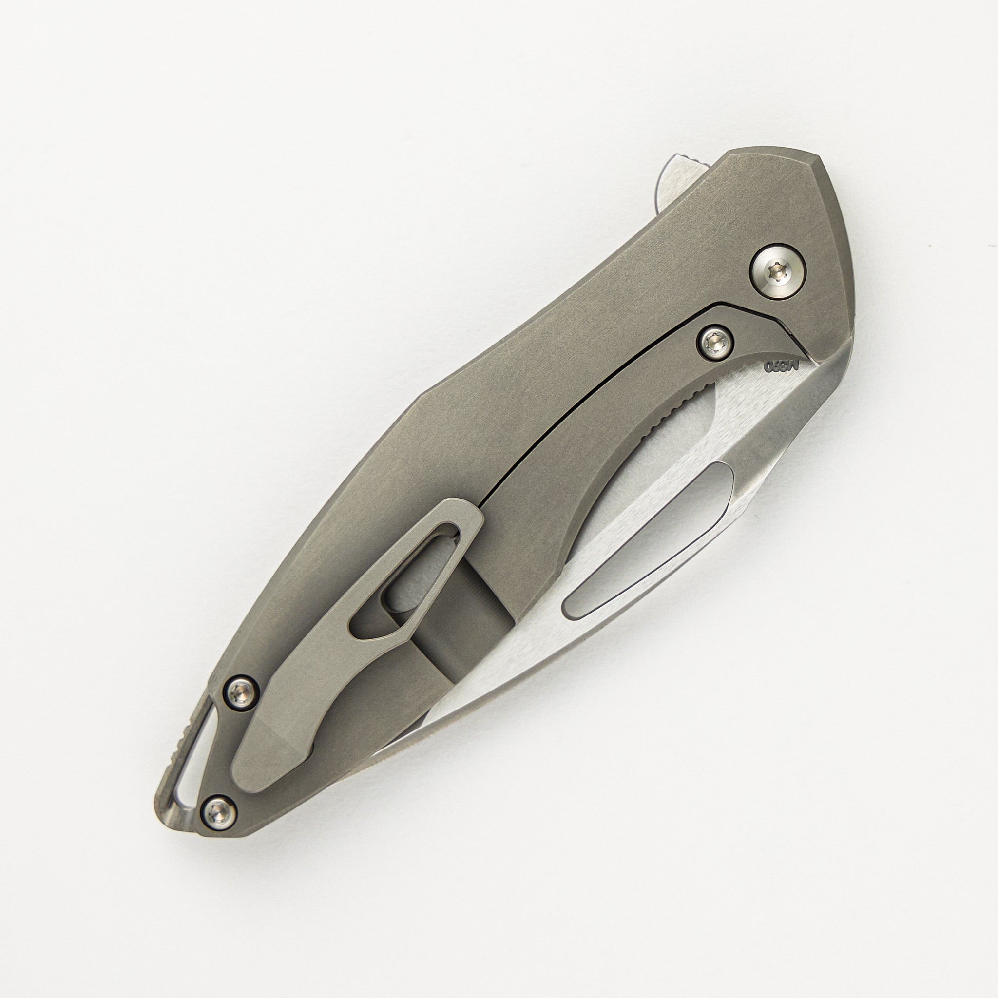 Koenig Mini Arius - Smooth Titanium Handle - Silver Hardware -  Burnished W/ Polished Flats M390 Blade