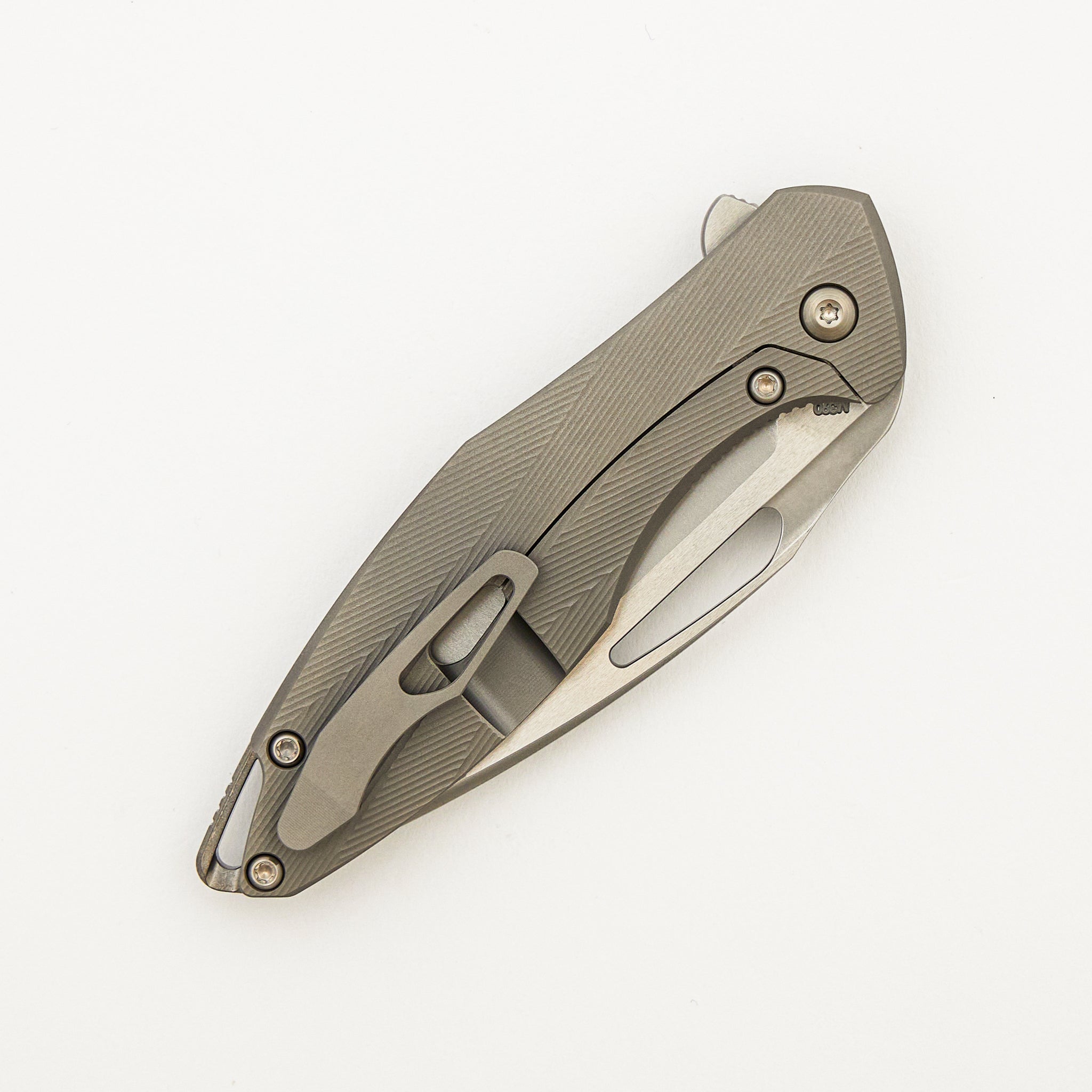 Mini Arius - Patterned Titanium Handle - Silver Hardware -  Burnished W/ Polished Flats M390 Blade