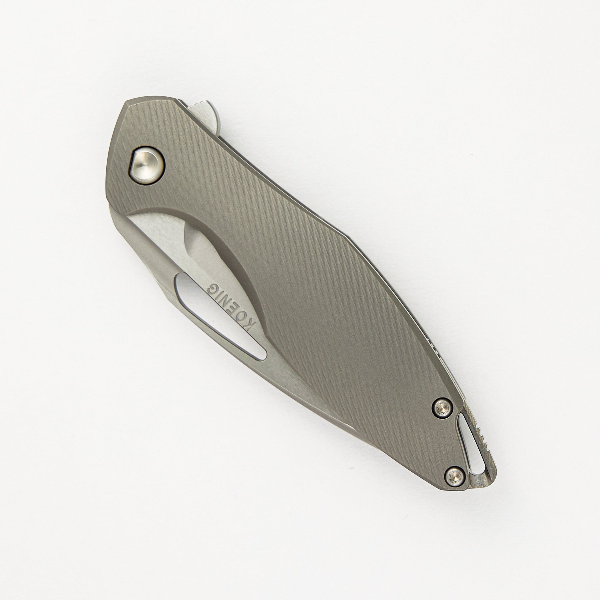 Koenig Mini Arius - Corda Titanium Handle - Silver Hardware -  Burnished W/ Polished Flats M390 Blade