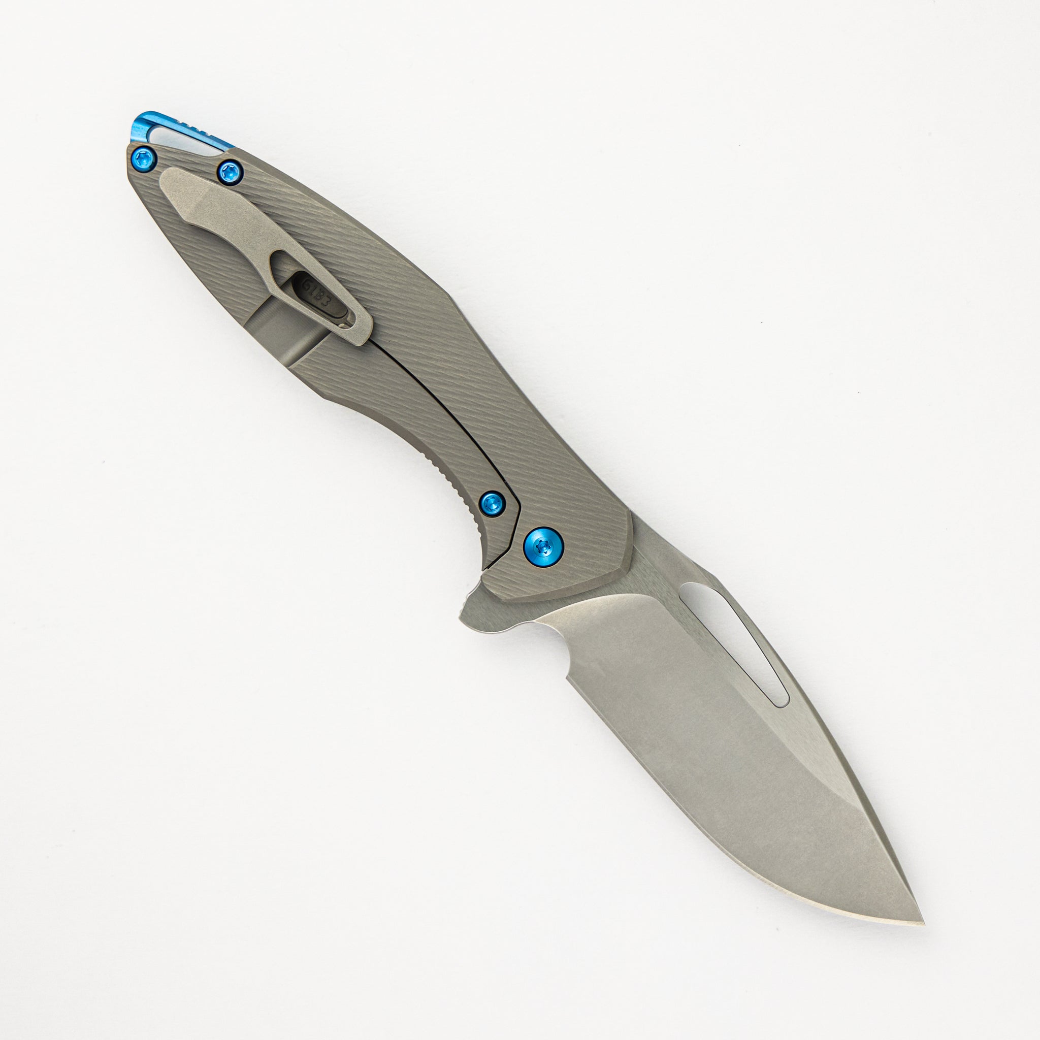 Mini Arius - Corda Titanium Handle - Blue Hardware -  Burnished W/ Polished Flats M390 Blade