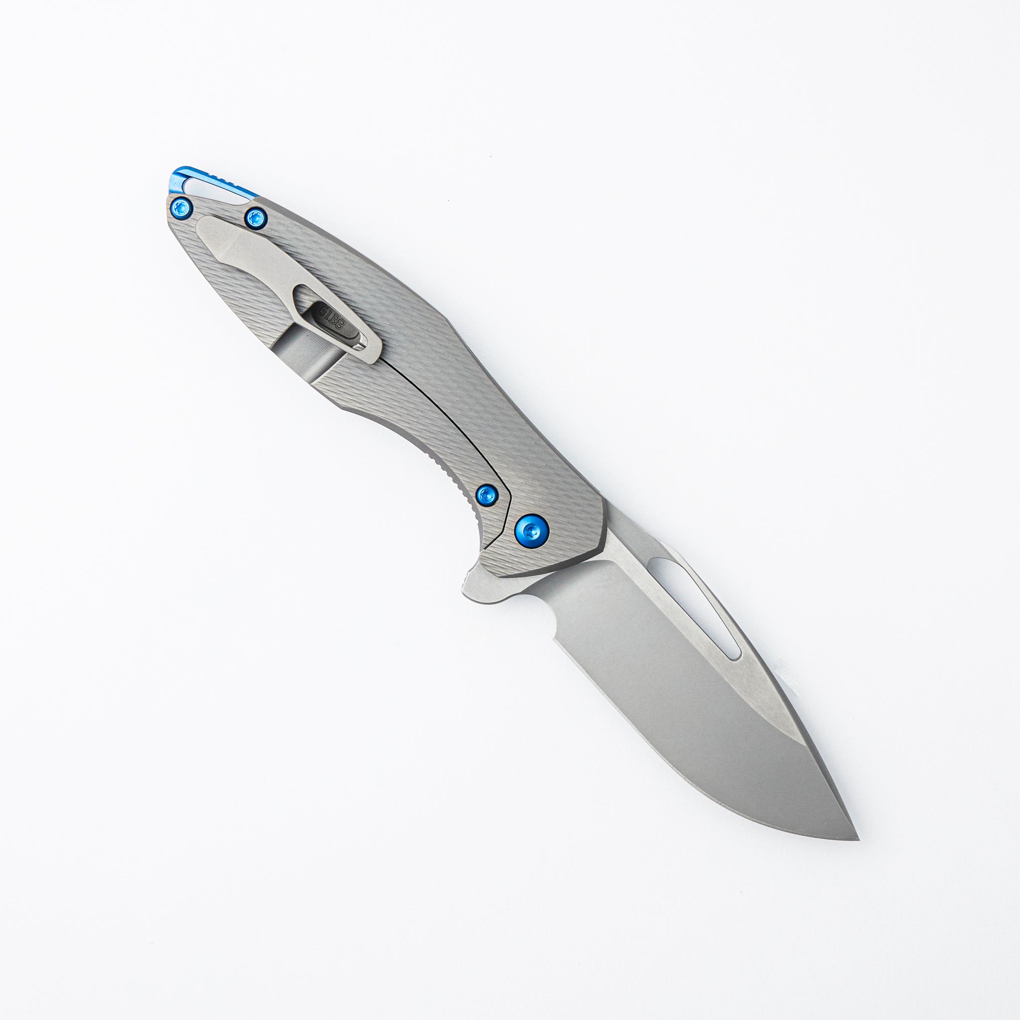 Mini Arius - Corda Titanium Handle - Blue Hardware -  Burnished W/ Polished Flats M390 Blade