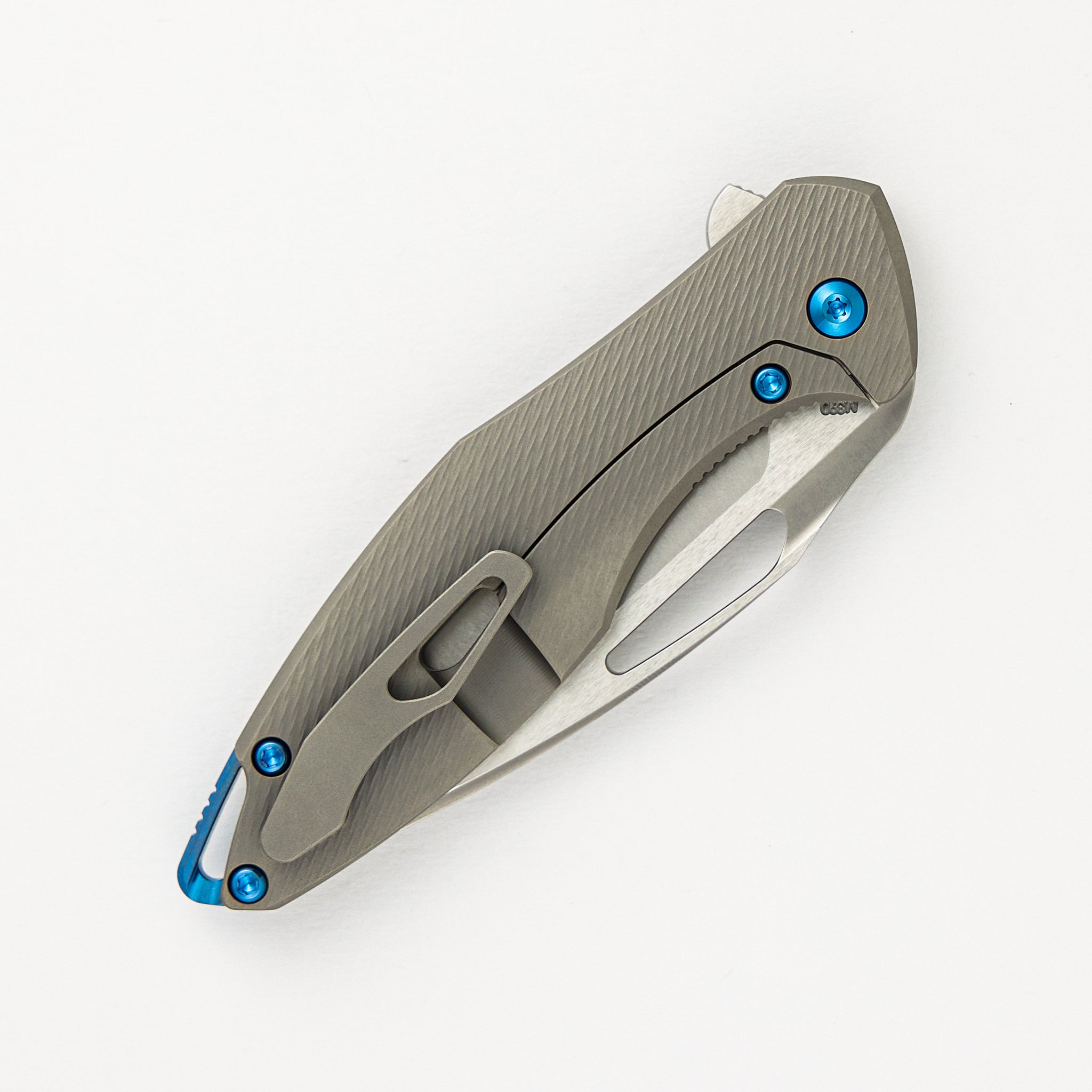 Koenig Mini Arius - Corda Titanium Handle - Blue Hardware -  Burnished W/ Polished Flats M390 Blade