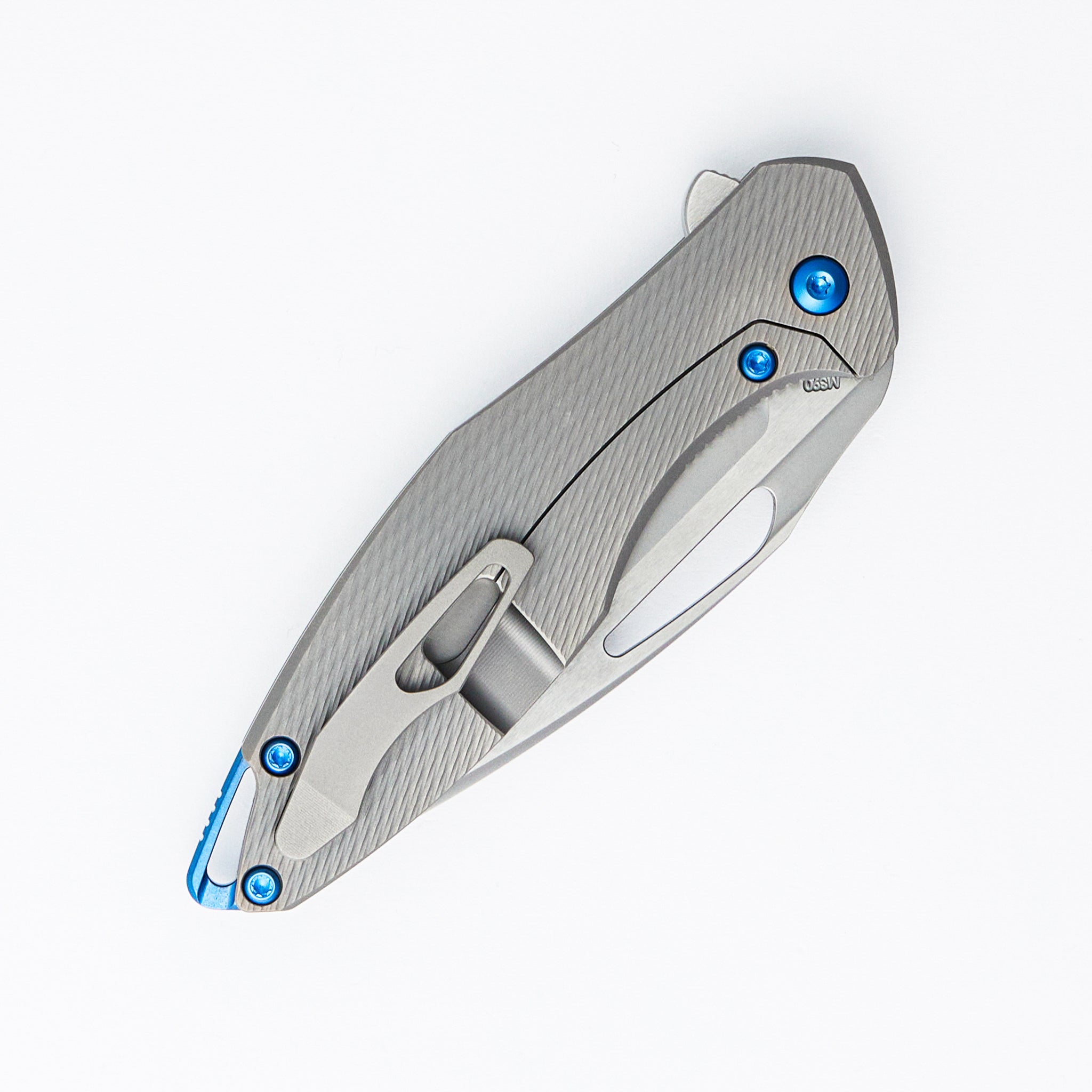 Mini Arius - Corda Titanium Handle - Blue Hardware -  Burnished W/ Polished Flats M390 Blade