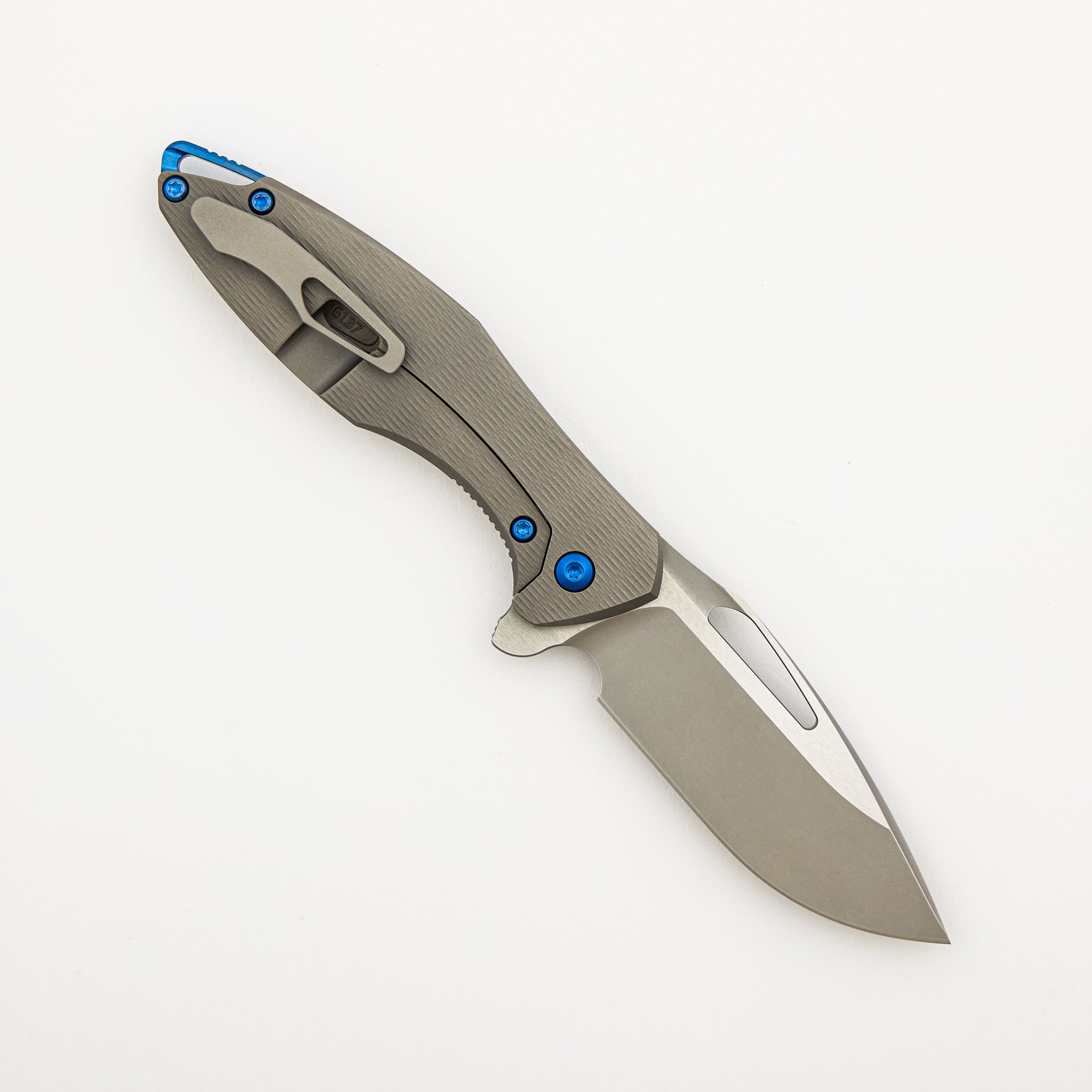 Mini Arius - Plexa Titanium Handle - Blue Hardware -  Burnished W/ Polished Flats M390 Blade