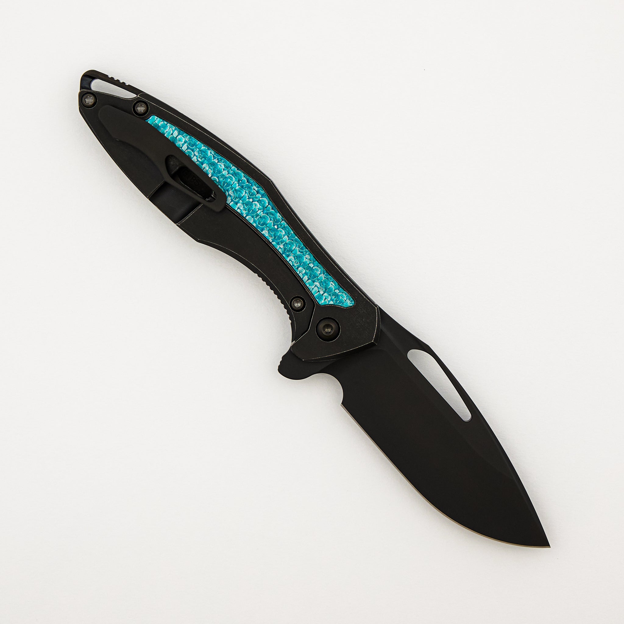 Mini Arius - Smooth Black Titanium Handle - Aqua Teal Twill Inlay - Black Hardware - Matte DLC M390 Blade