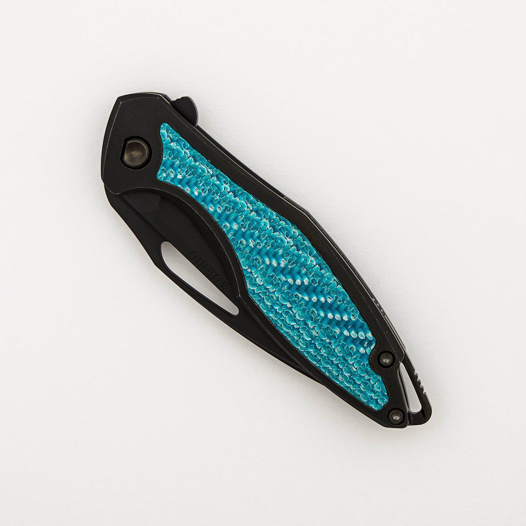 Mini Arius - Smooth Black Titanium Handle - Aqua Teal Twill Inlay - Black Hardware - Matte DLC M390 Blade
