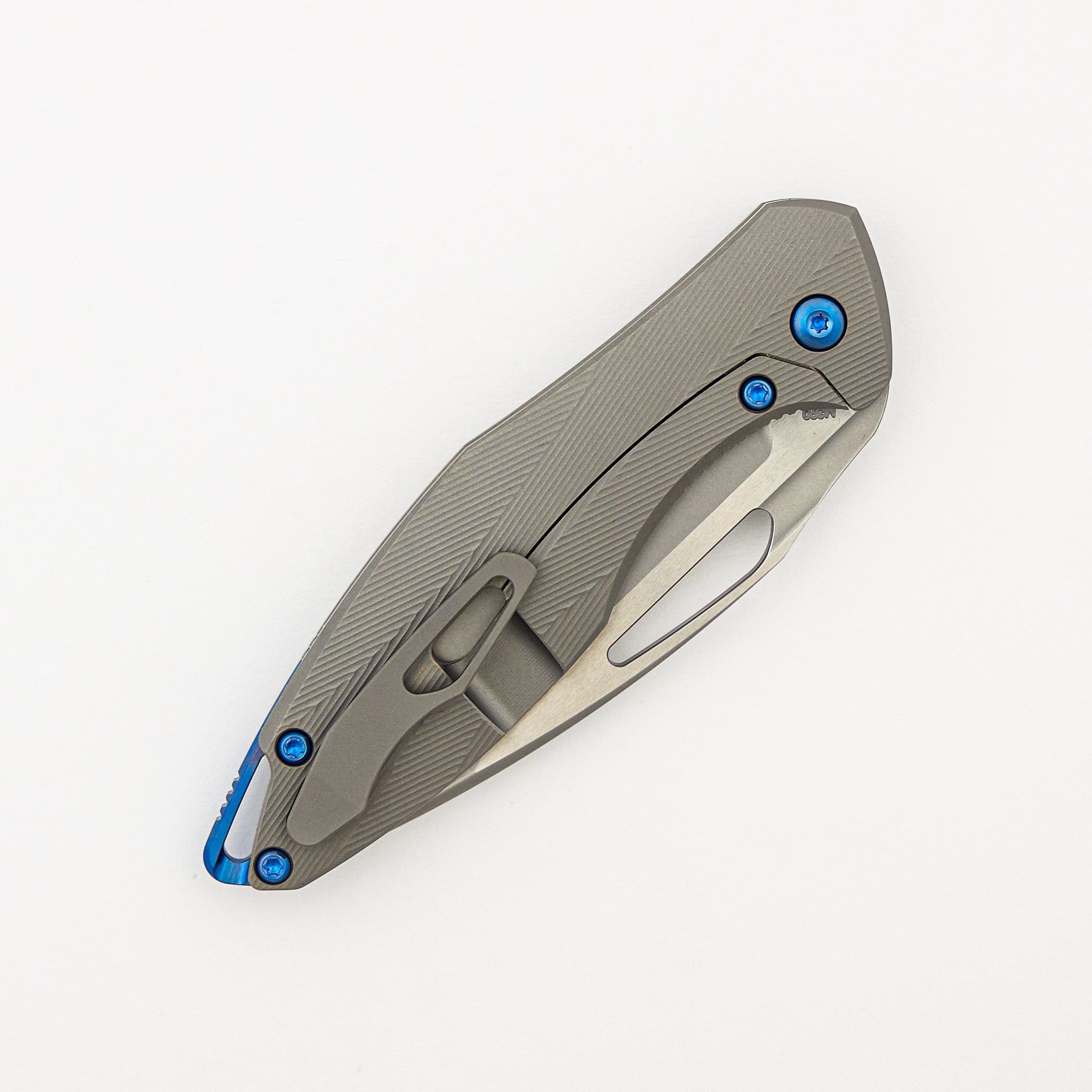 Mini Arius - Non Flipper - Patterned Titanium Handle - Blue Hardware - Burnished W/ Polished Flats M390 Blade