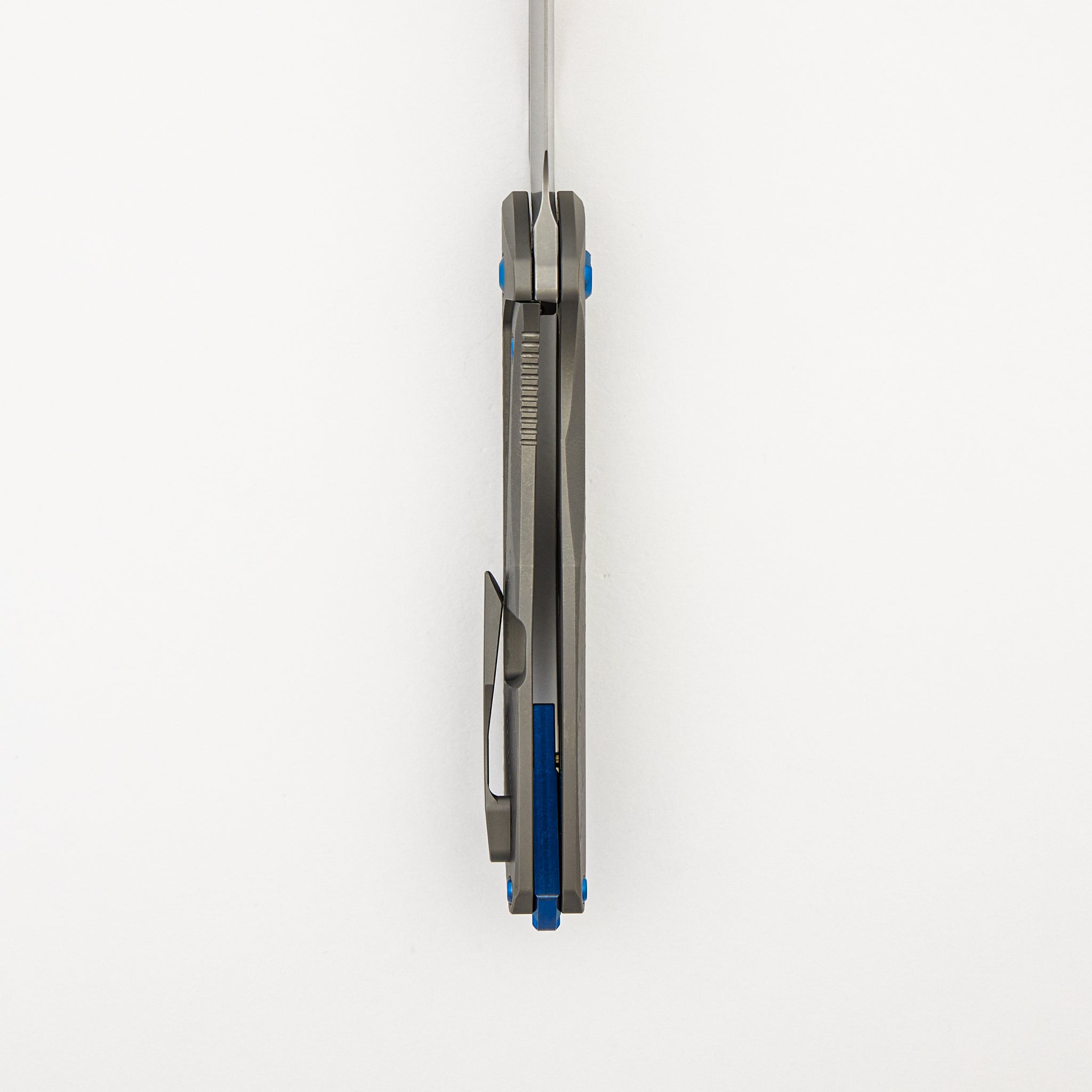 Mini Arius - Non Flipper - Patterned Titanium Handle - Blue Hardware - Burnished W/ Polished Flats M390 Blade