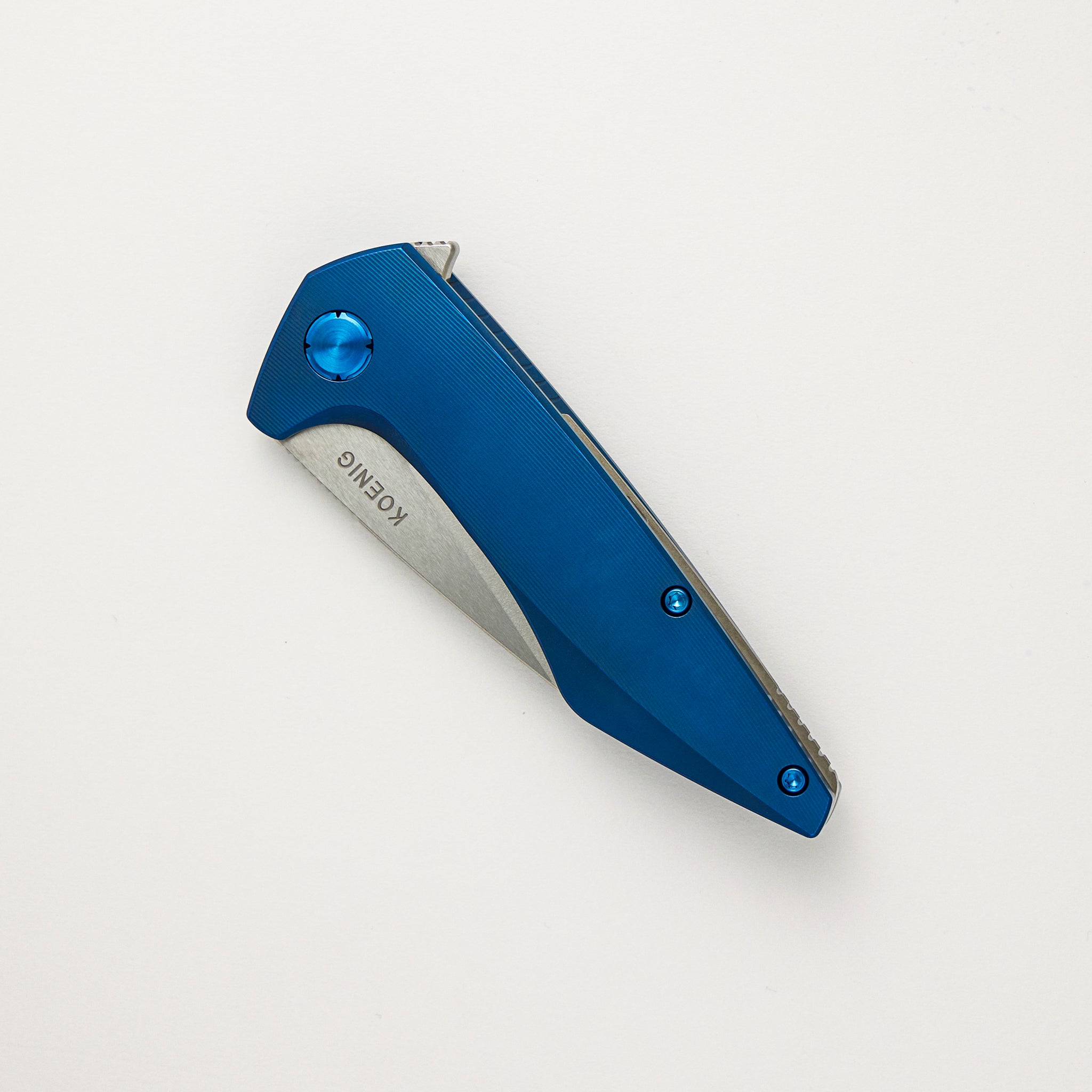 Mini Goblin - Blue Smooth Titanium Handle - Brightwashed W/ Polished Flats M390 Blade