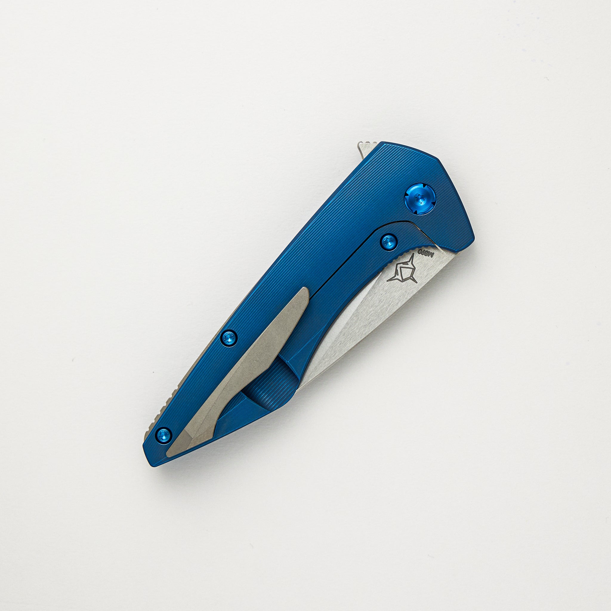 Mini Goblin - Blue Smooth Titanium Handle - Brightwashed W/ Polished Flats M390 Blade