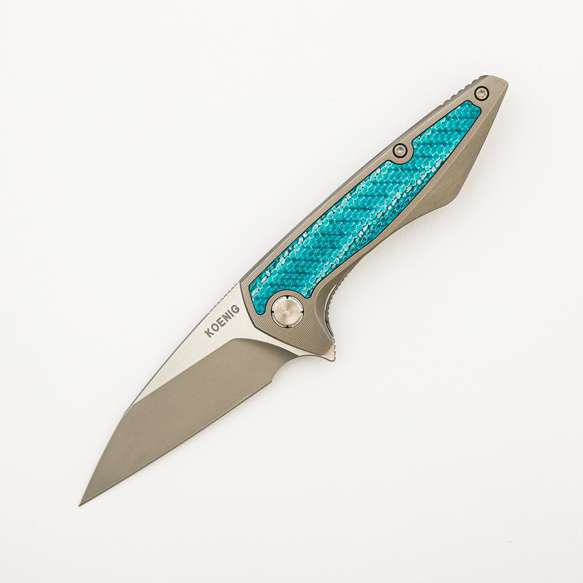 Mini Goblin - Smooth Titanium W/ Aqua Green Twill Inlay Handle - Silver Hardware - Burnished W/ Polished Flats M390 Blade
