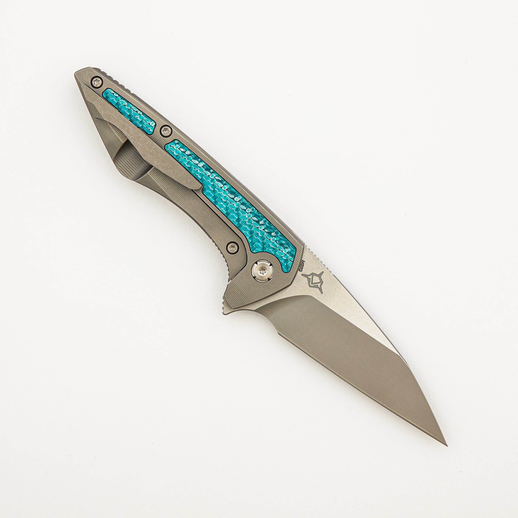 Mini Goblin - Smooth Titanium W/ Aqua Green Twill Inlay Handle - Silver Hardware - Burnished W/ Polished Flats M390 Blade