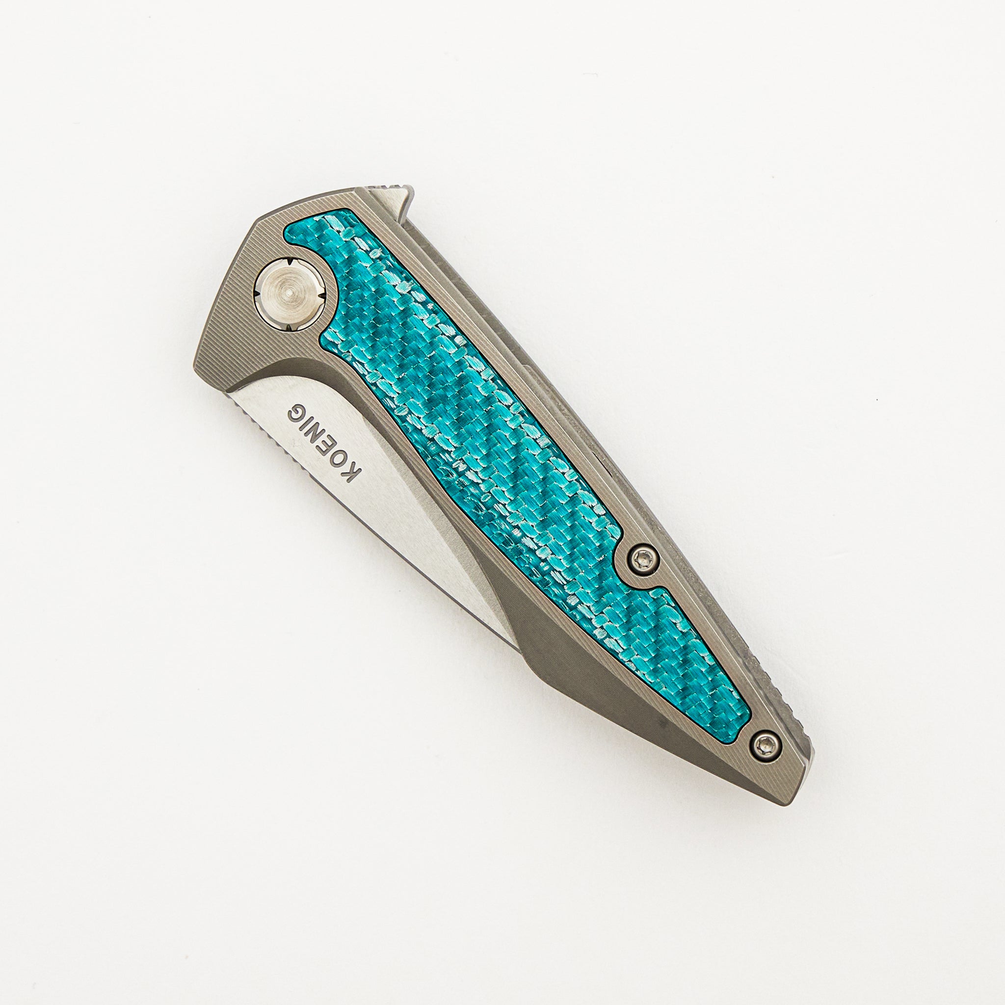 Mini Goblin - Smooth Titanium W/ Aqua Green Twill Inlay Handle - Silver Hardware - Burnished W/ Polished Flats M390 Blade