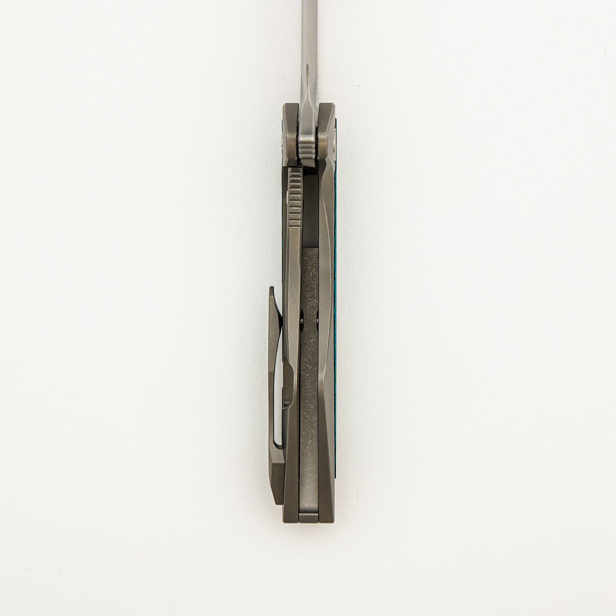Mini Goblin - Smooth Titanium W/ Aqua Green Twill Inlay Handle - Silver Hardware - Burnished W/ Polished Flats M390 Blade