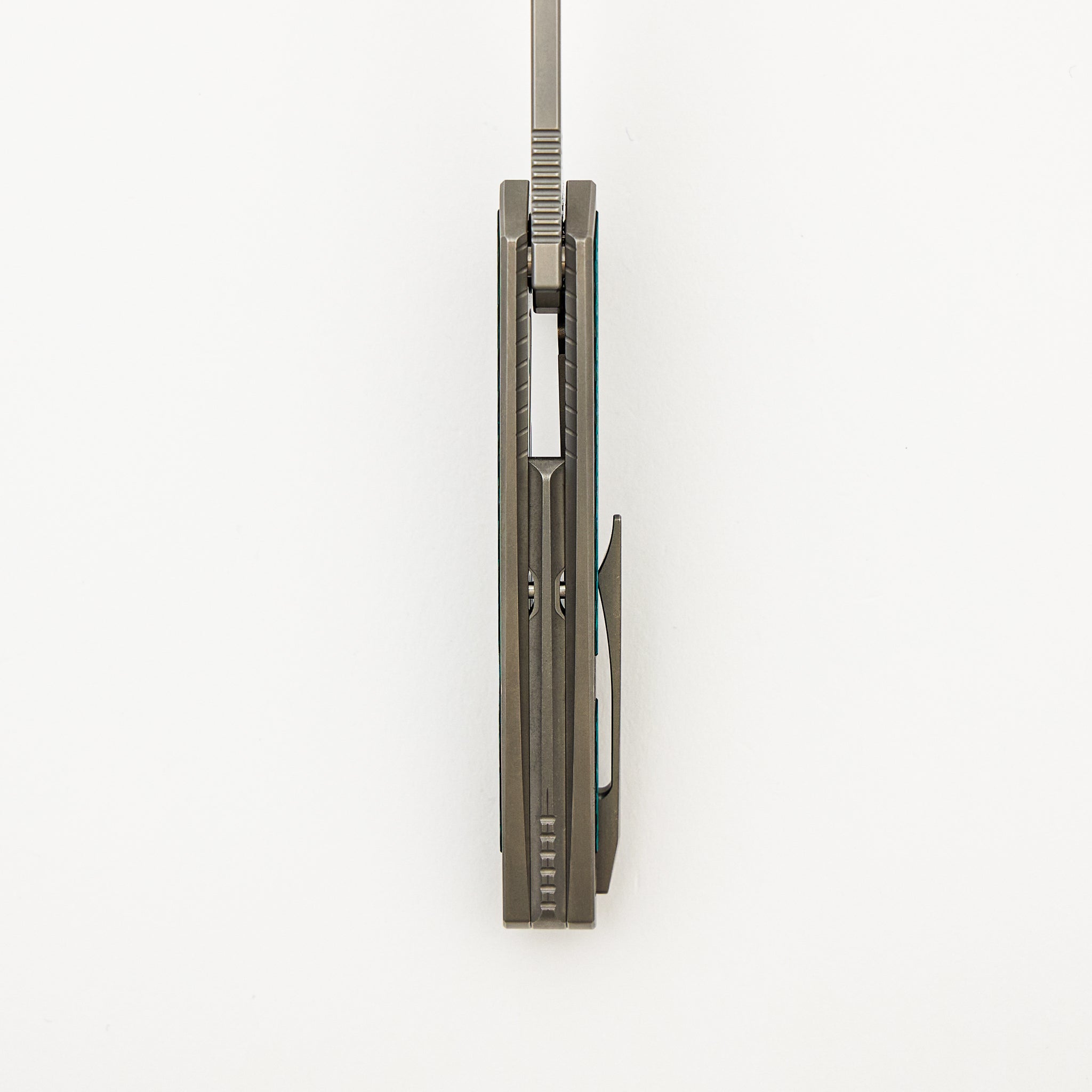 Mini Goblin - Smooth Titanium W/ Aqua Green Twill Inlay Handle - Silver Hardware - Burnished W/ Polished Flats M390 Blade