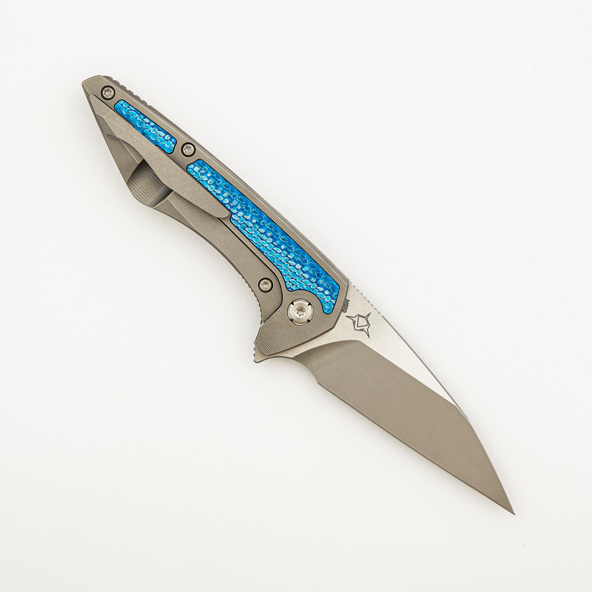 Mini Goblin - Smooth Titanium W/ Aqua Teal Twill Inlay Handle - Silver Hardware - Burnished W/ Polished Flats M390 Blade