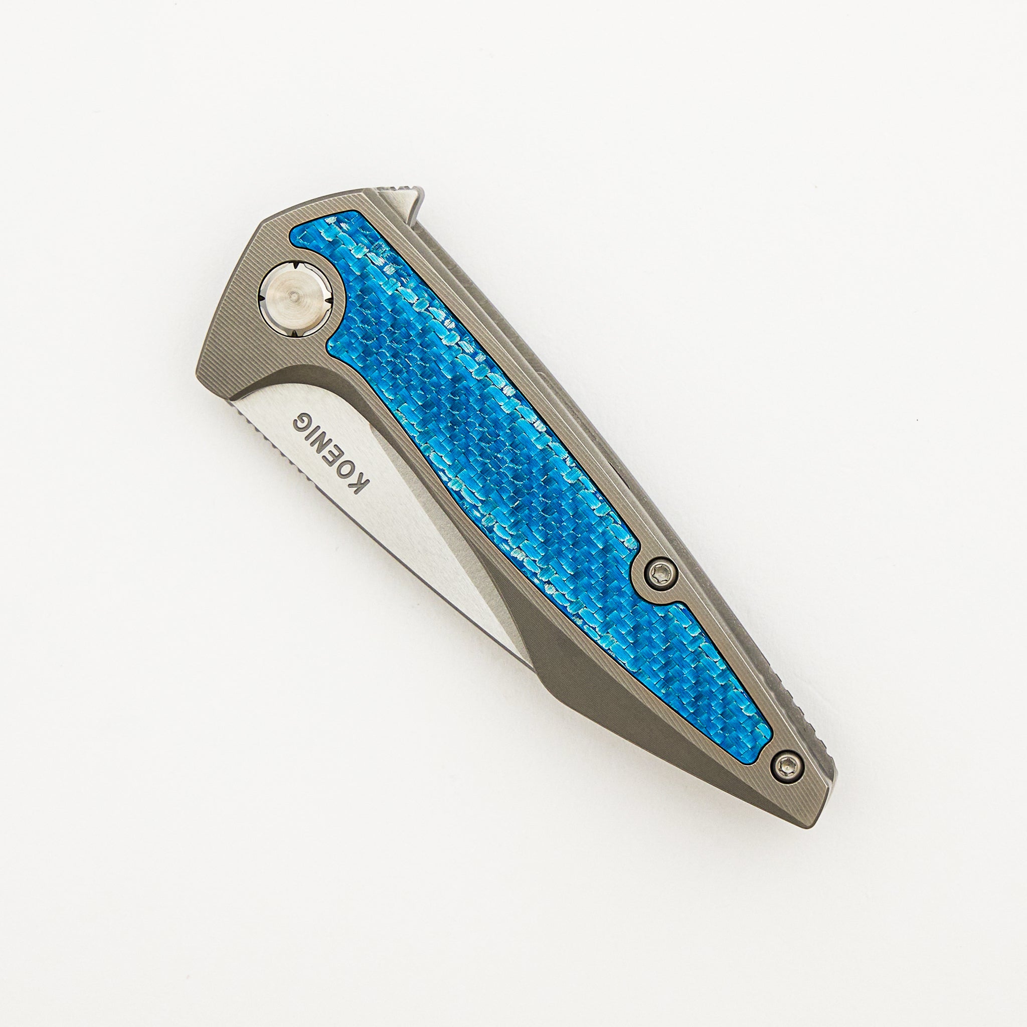 Mini Goblin - Smooth Titanium W/ Aqua Teal Twill Inlay Handle - Silver Hardware - Burnished W/ Polished Flats M390 Blade
