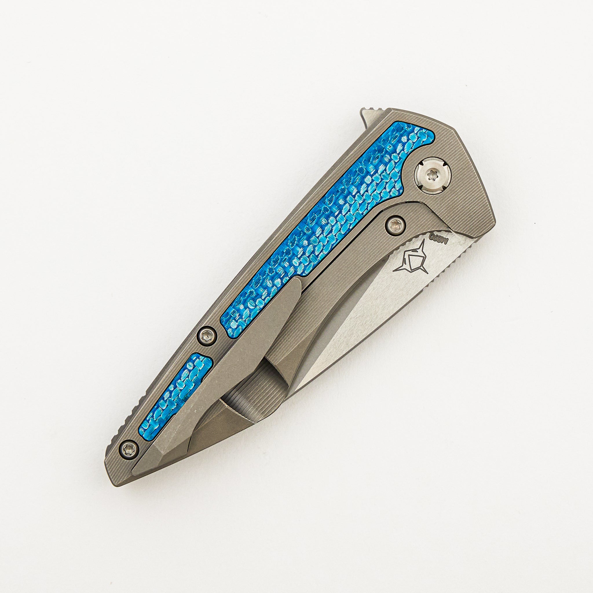 Mini Goblin - Smooth Titanium W/ Aqua Teal Twill Inlay Handle - Silver Hardware - Burnished W/ Polished Flats M390 Blade